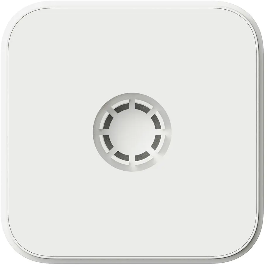 Rilevatore di fumo quadrato bianco con ventilazione circolare al centro.