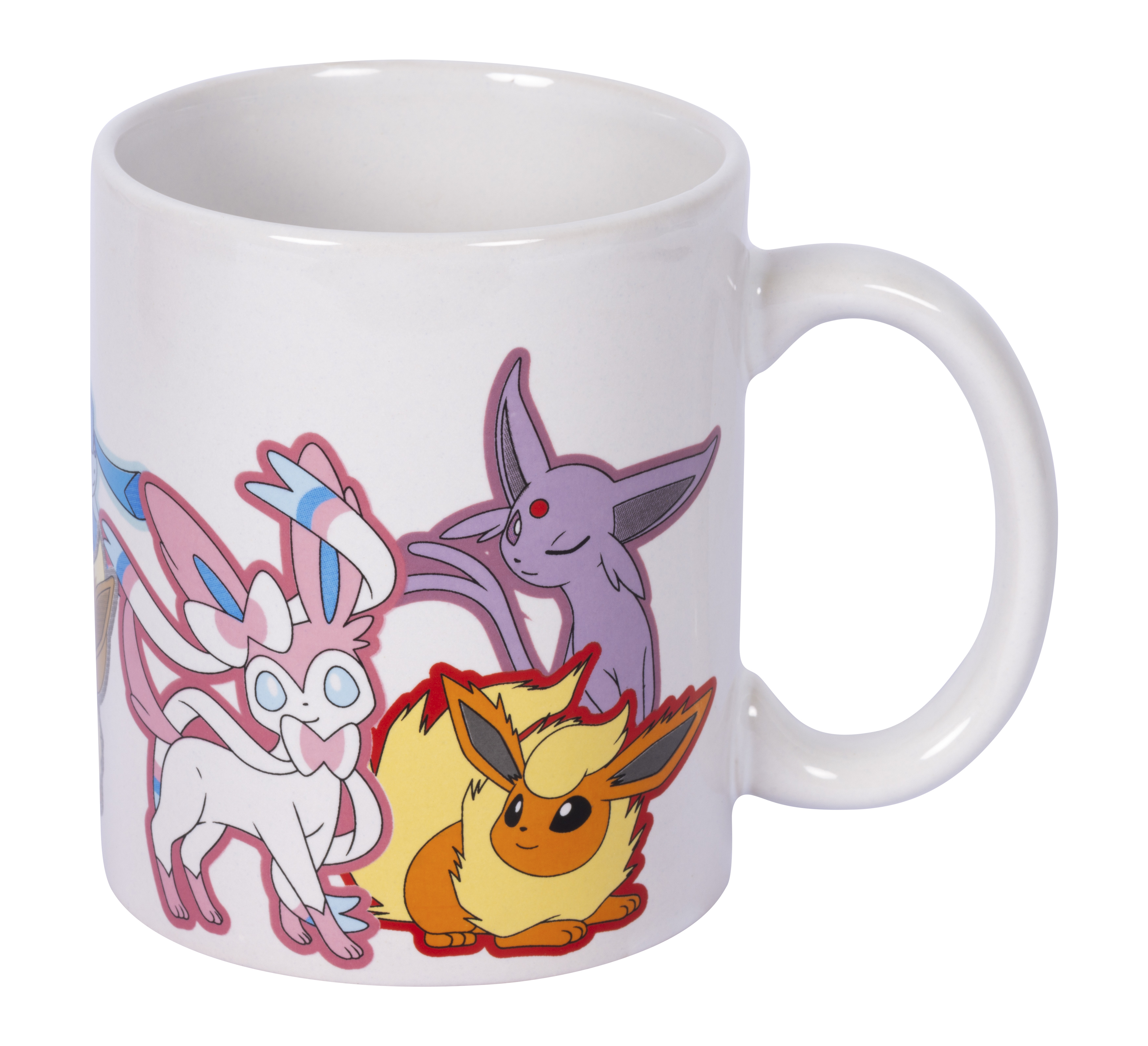 Weißer Becher mit Pokémon-Charakteren: Sylveon, Espeon und Flareon.