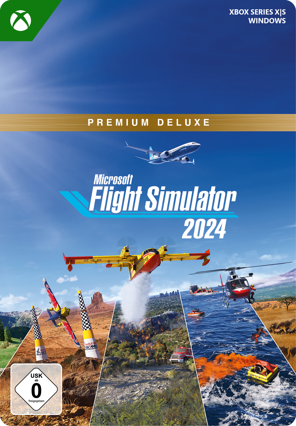 Spieledesign: Microsoft Flight Simulator 2024, mit Flugzeugen, Hubschraubern, Wasserfahrzeugen und Landschaften.