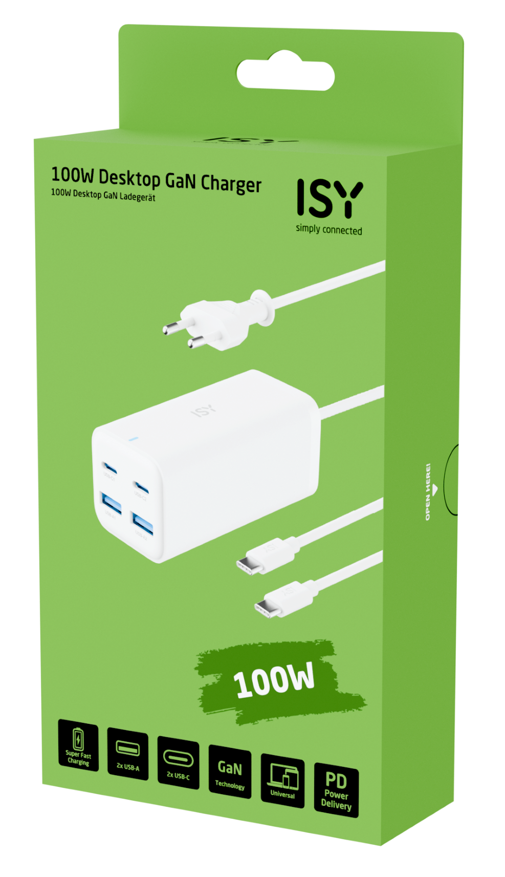 Biało-zielone pudełko z białą ładowarką i kablami, z napisem '100W Desktop GaN Charger'.