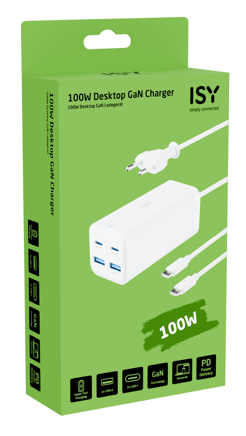 Pudełko ładowarki GaN 100W do komputera stacjonarnego. Pudełko jest zielone z białym tekstem i ilustracjami.