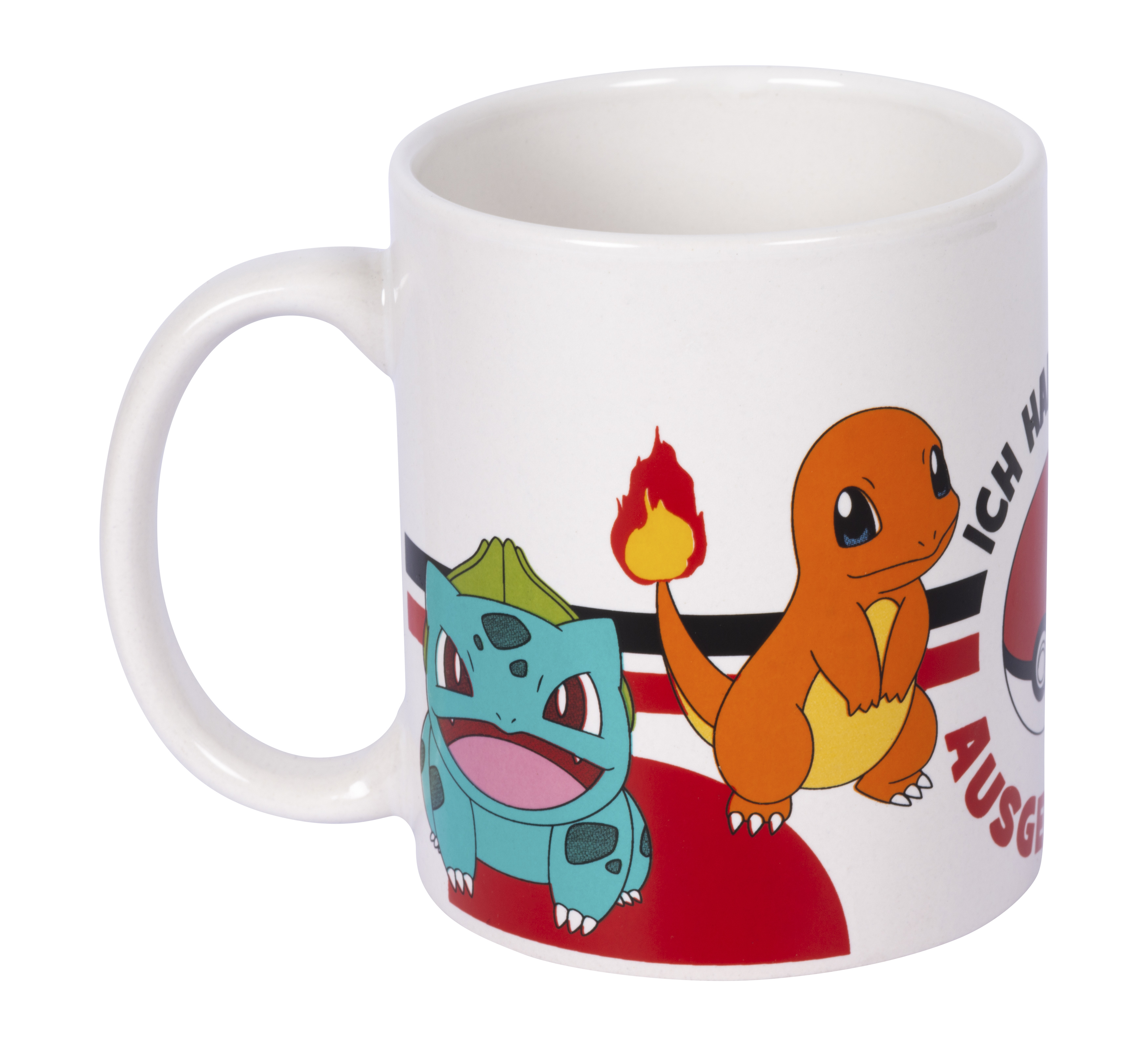 Weißer Becher mit Pokemon-Charakteren, Glumanda und Bisasam, mit rot-weißem Design.