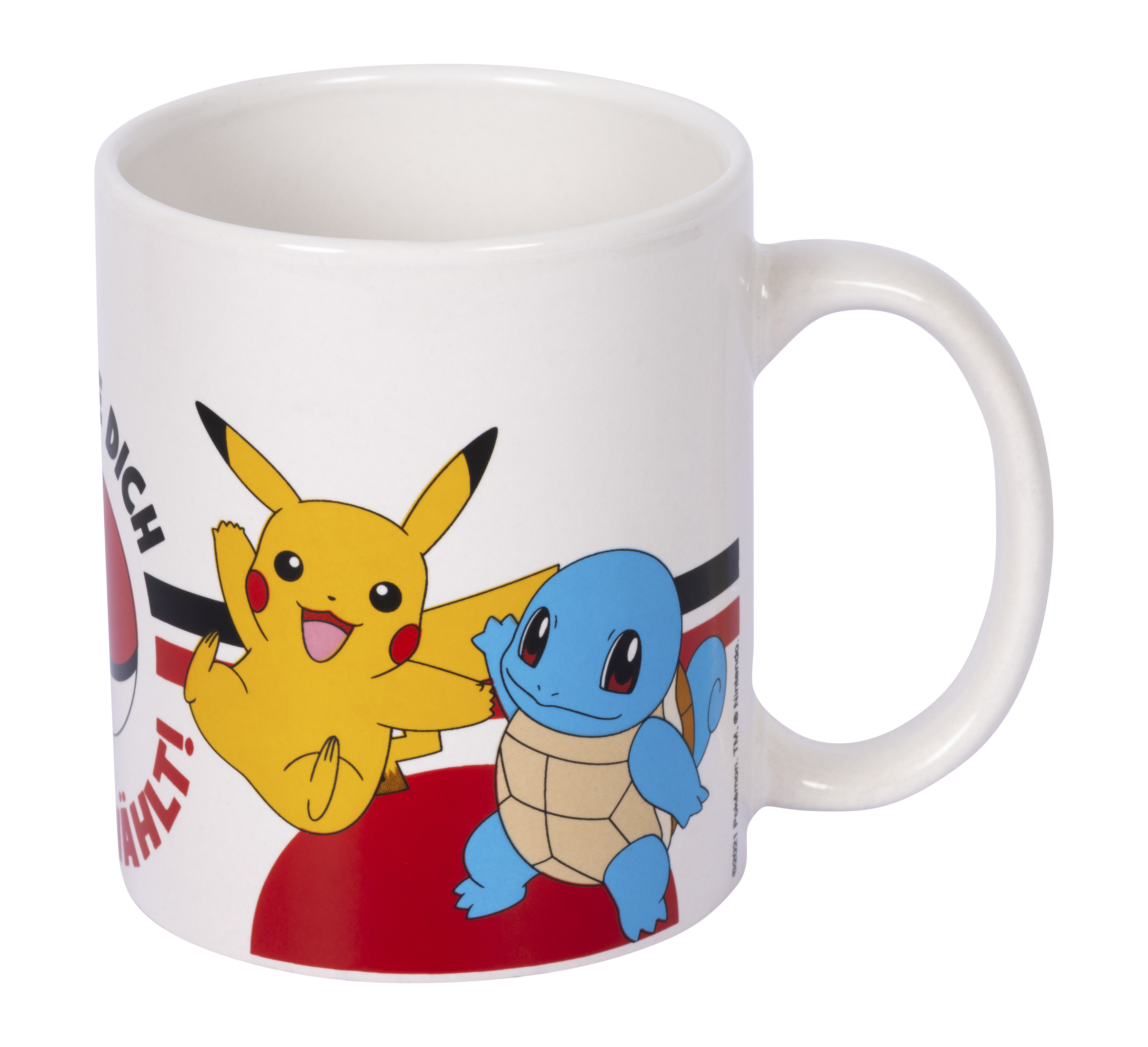 Weißer Becher mit Pikachu- und Schiggy-Figuren, mit rot-weißem Design.