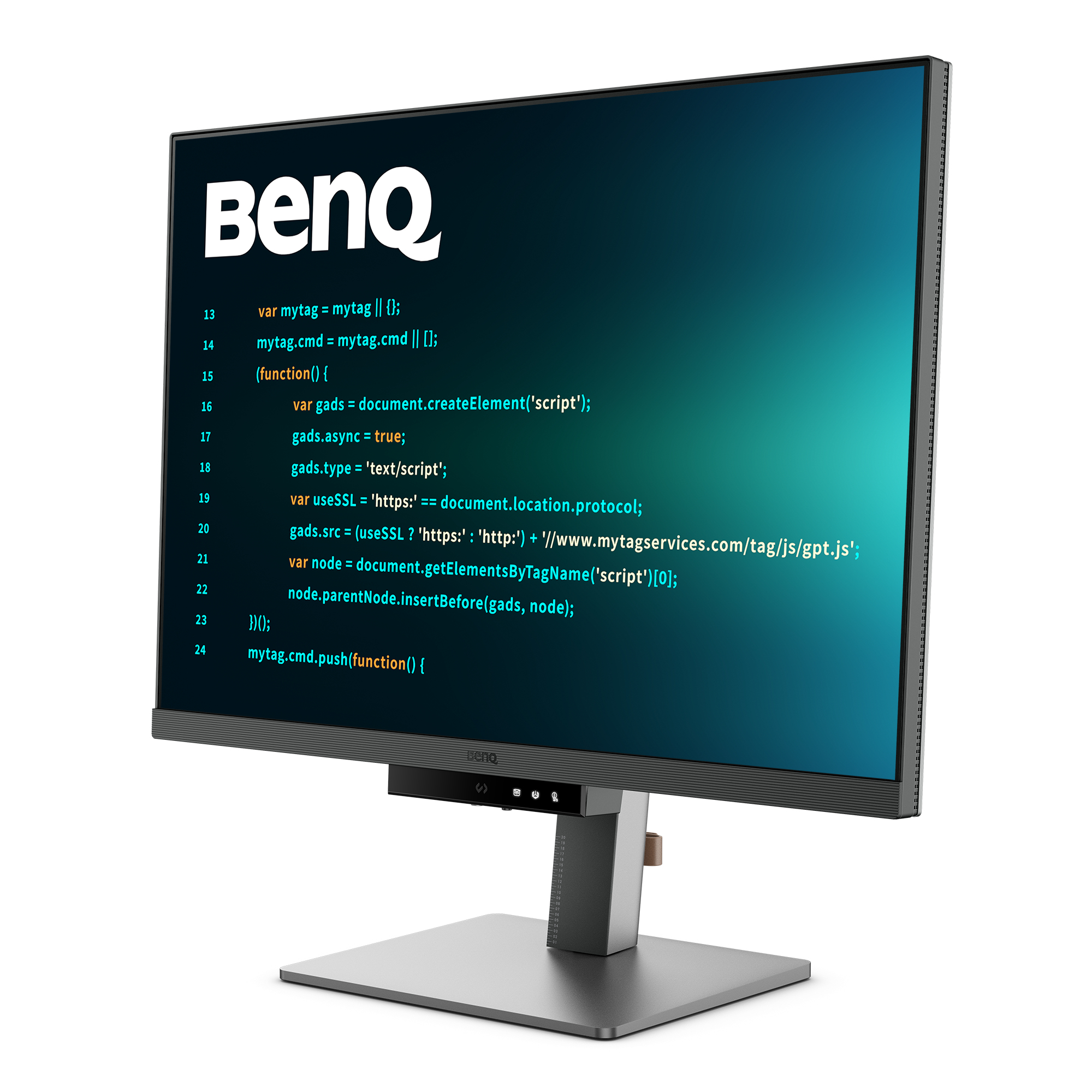 Ein Computermonitor zeigt Code an. Er hat einen silbernen Ständer und einen schwarzen Rahmen, auf weißem Grund.