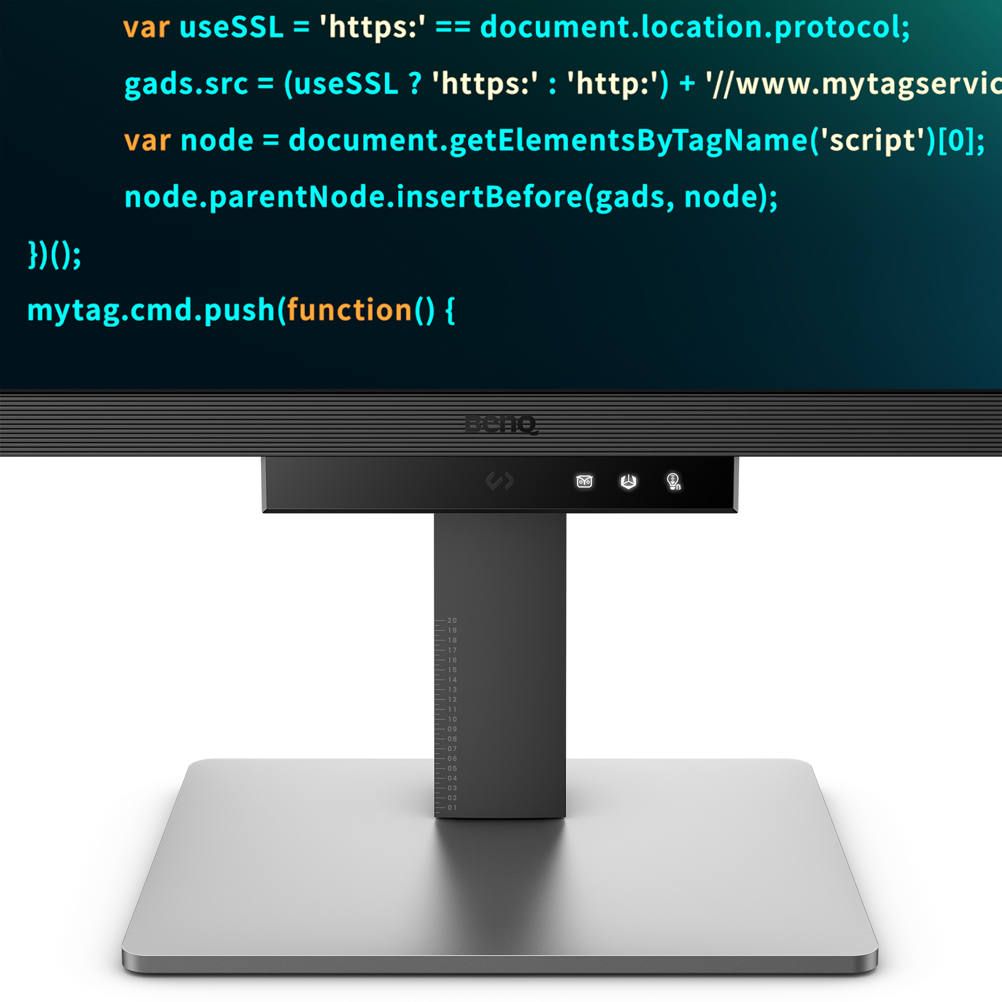 Monitor auf einem Ständer, Code auf dem Bildschirm angezeigt. Ein weißer Tisch und ein schwarzer Monitor.