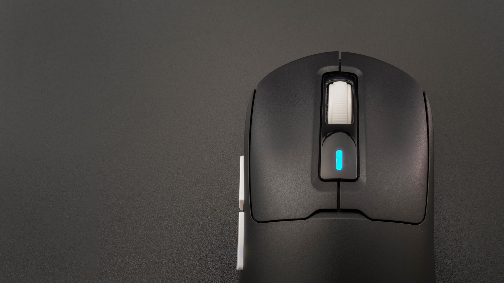 Czarna mysz komputerowa z białym kółkiem przewijania, niebieski wskaźnik świetlny.