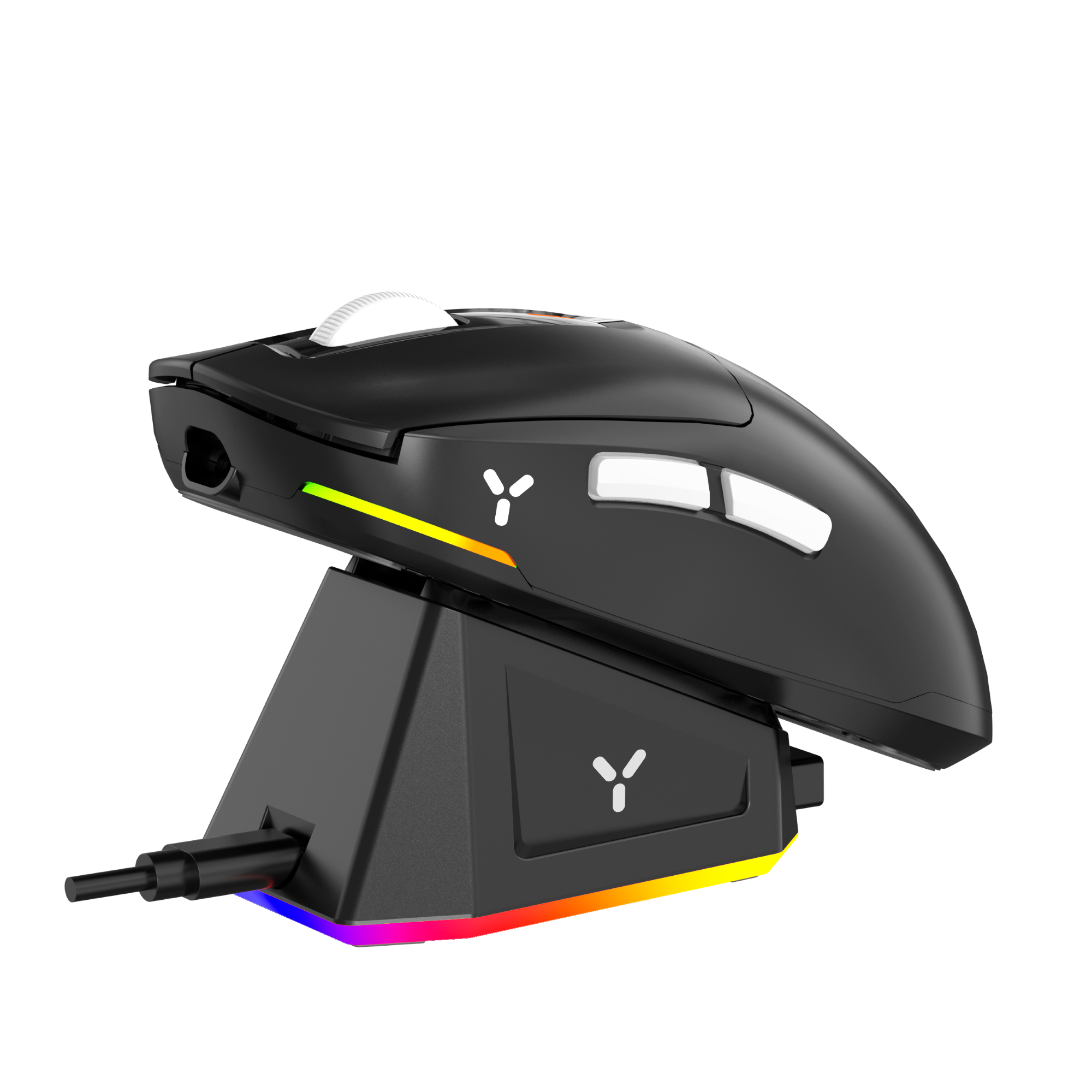 Czarna mysz do gier na ładowarce, z kolorowymi światłami LED.