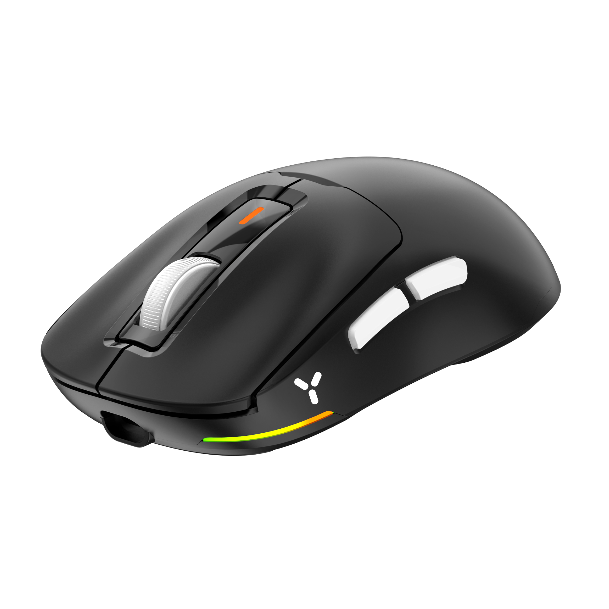 Czarna mysz do gier. Białe przyciski, pomarańczowe kółko i zielone światło.