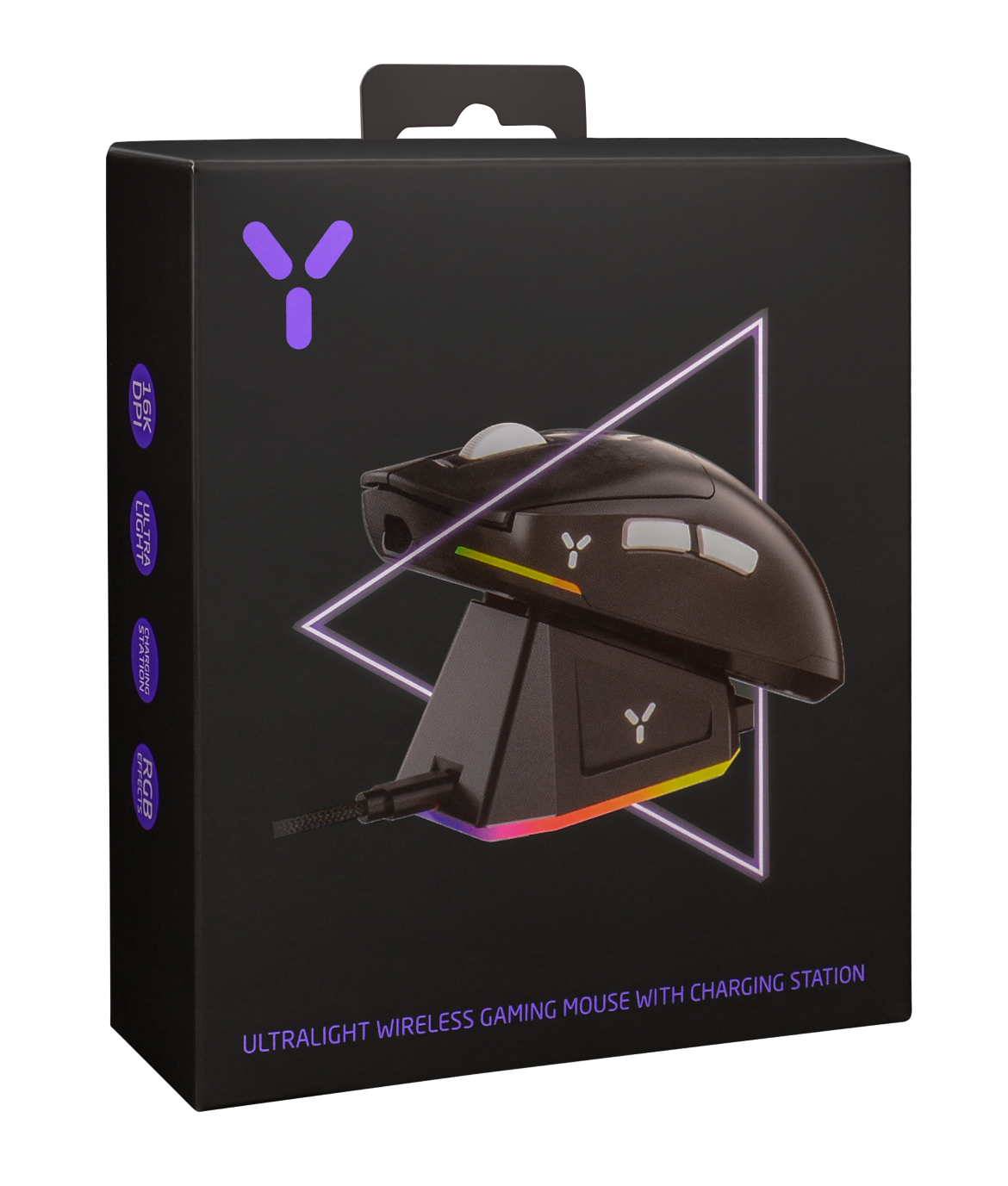Czarna bezprzewodowa mysz do gier na stacji ładującej z neonowym fioletowym obrysem, na czarnym tle.