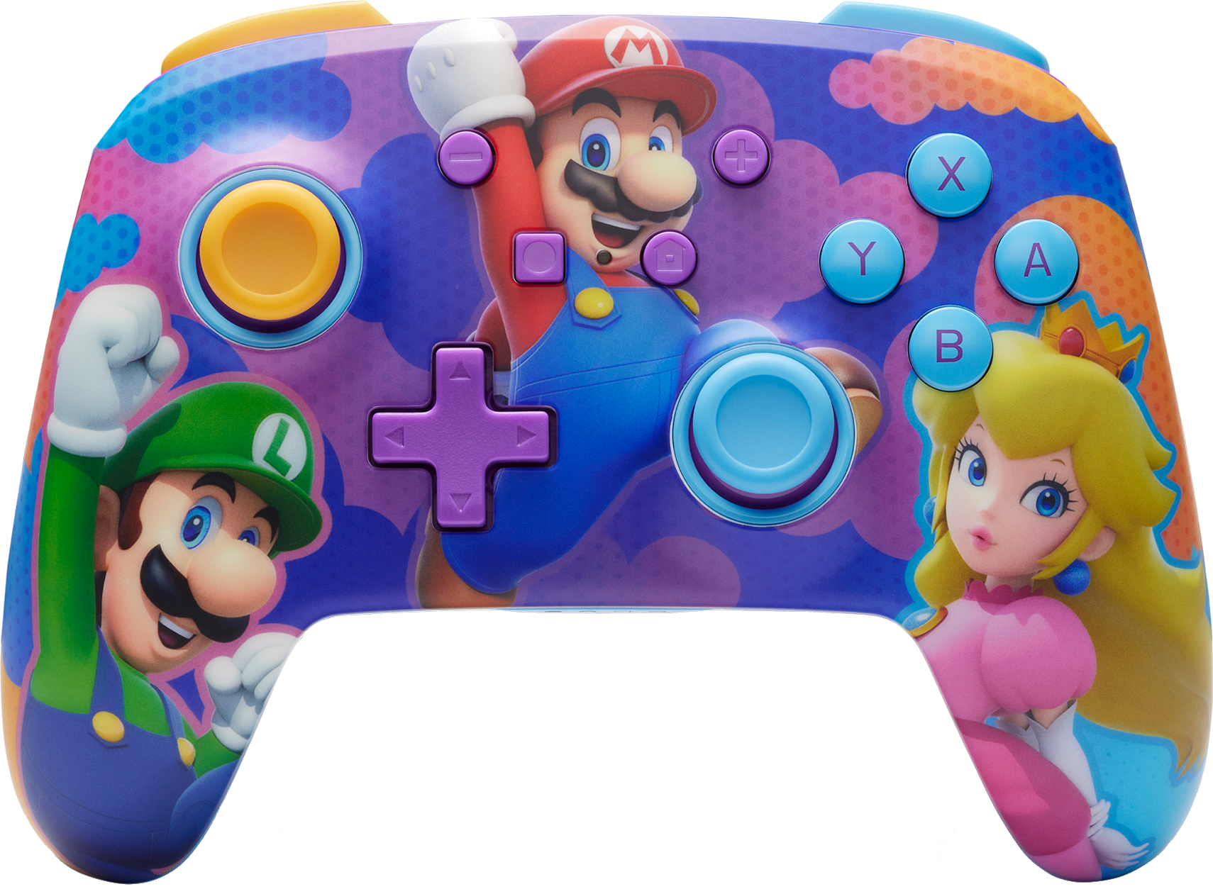 Benutzerdefinierter Nintendo Switch-Controller mit Mario, Luigi und Peach. Knöpfe sind bunt auf blauem Hintergrund.