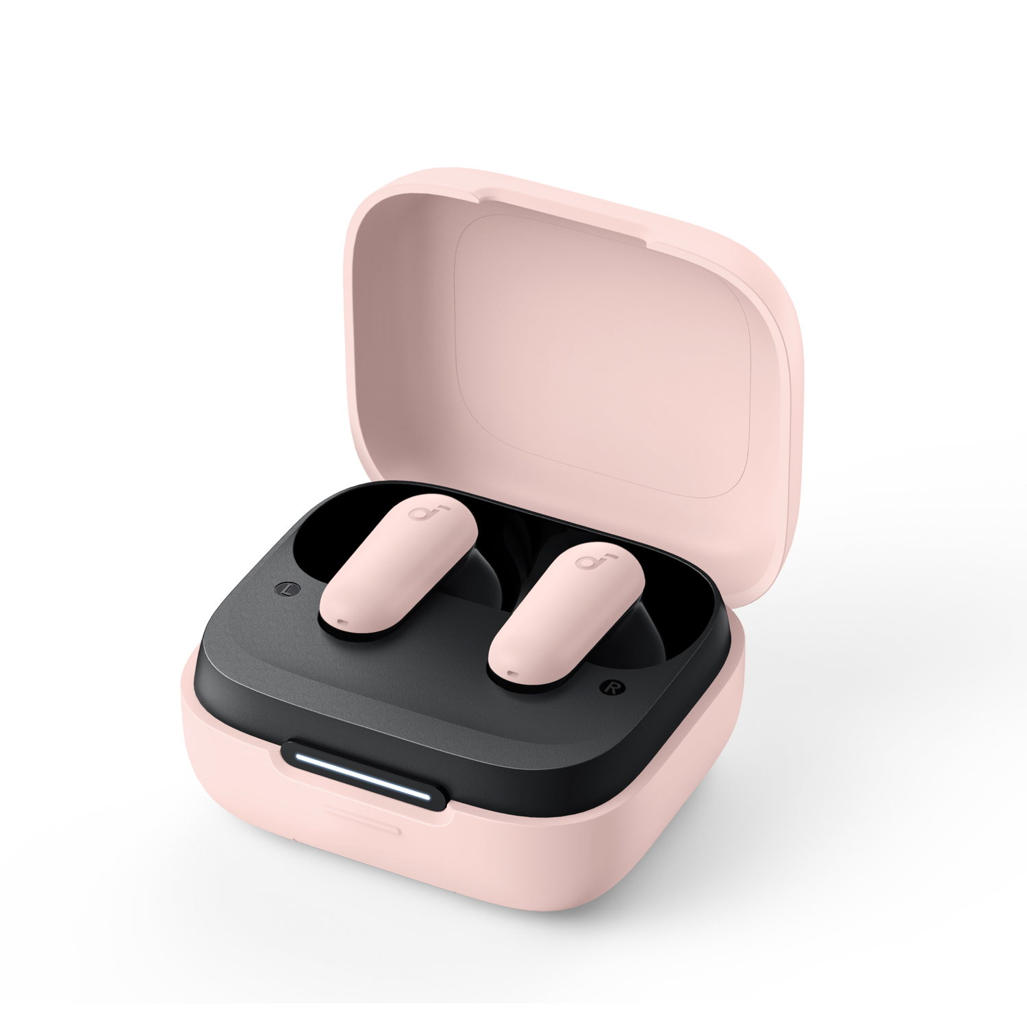 Pink earbuds in an open pink case on a white surface.
