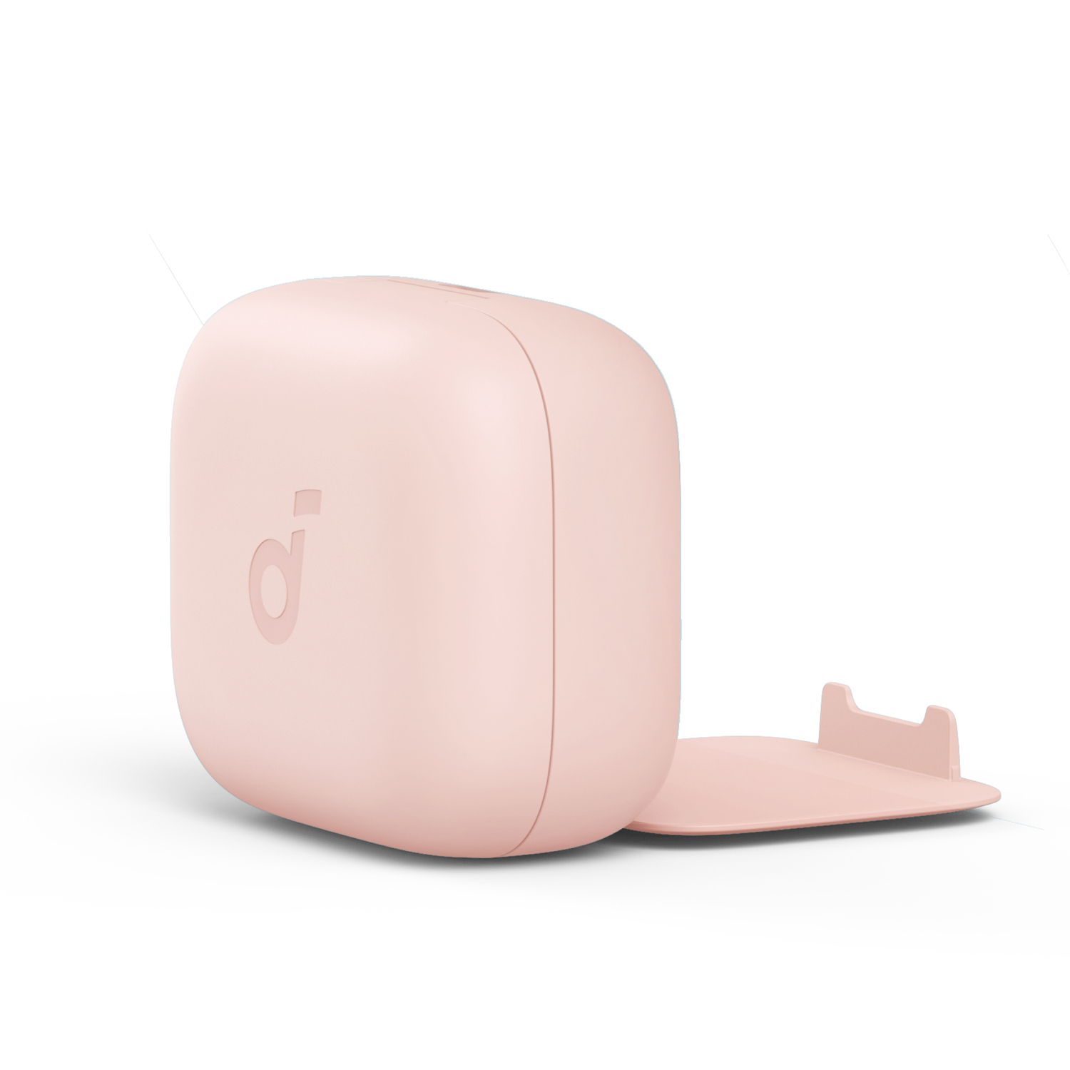 Pink square earbud case with a pink stand on a white background.