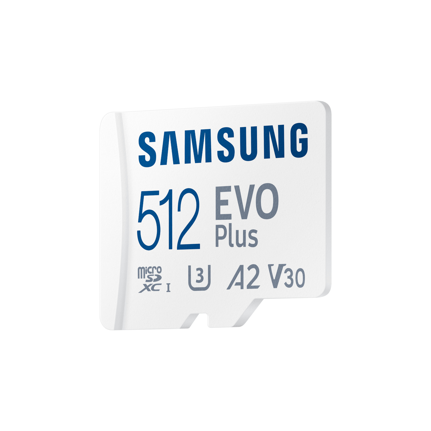 White Samsung 512 EVO Plus MicroSD card. The card has the Samsung logo and various labels.