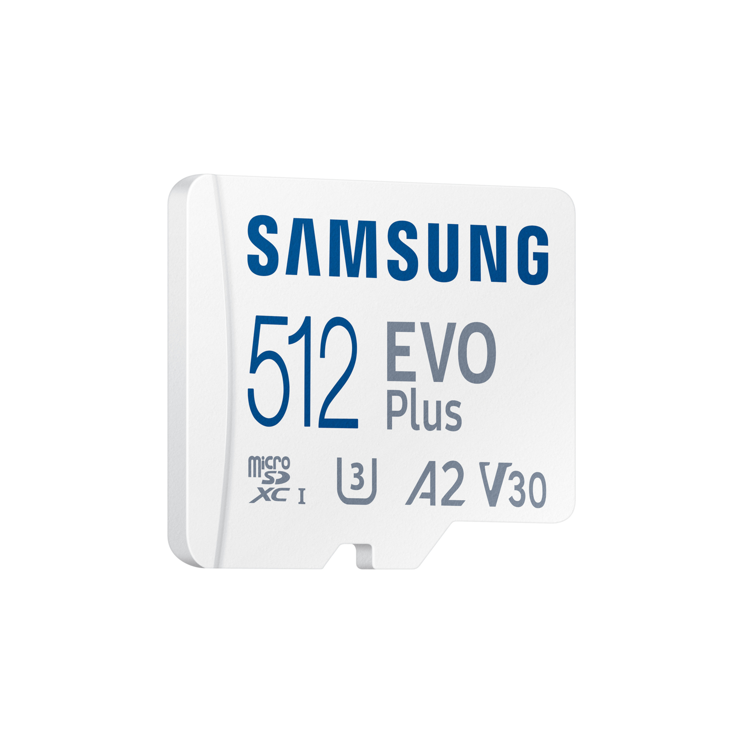 White Samsung 512 EVO Plus Micro SDXC card with blue text on a white background.