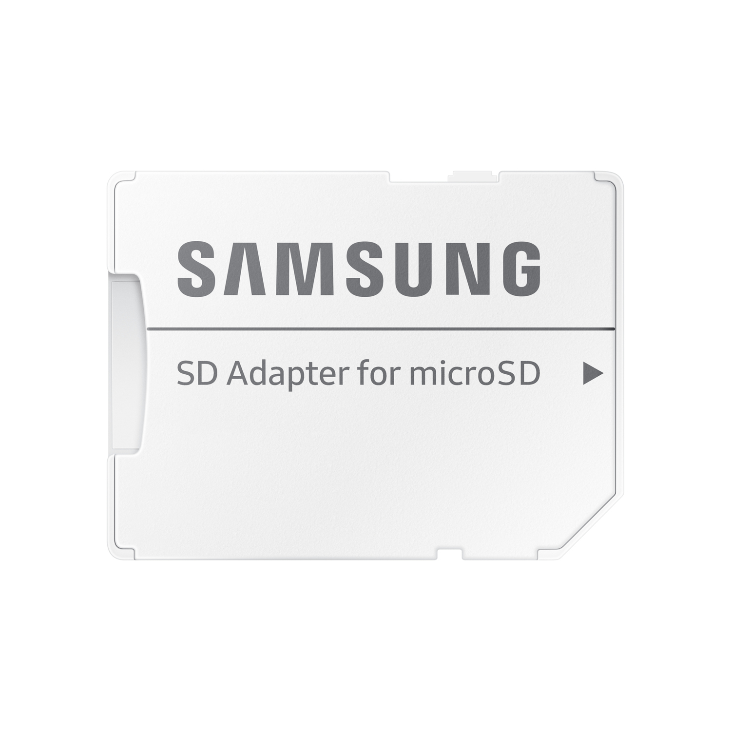 White Samsung SD adapter for microSD card. The text 'SAMSUNG' and 'SD Adapter' are visible.