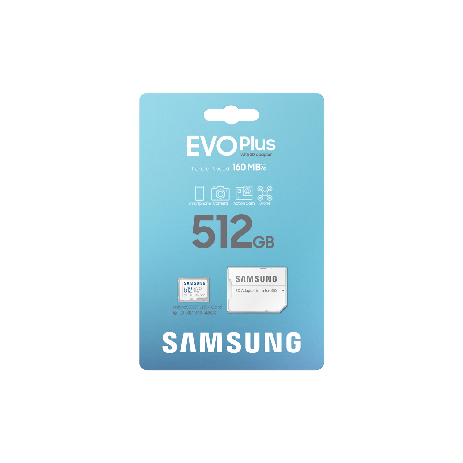Package of an EVO Plus 512GB microSD card with a Samsung SD adapter, featuring smartphone, camera icons.