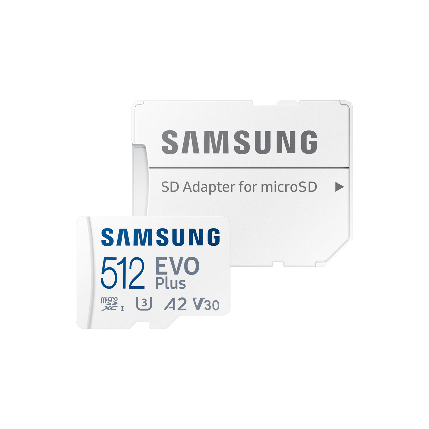 SD card and adapter. White Samsung SD card with 512 EVO Plus. Adapter next to it.