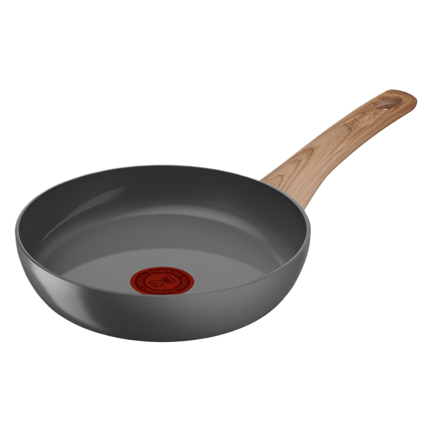 Tefal koekenpan, grijs van binnen, houten handvat, op witte achtergrond.