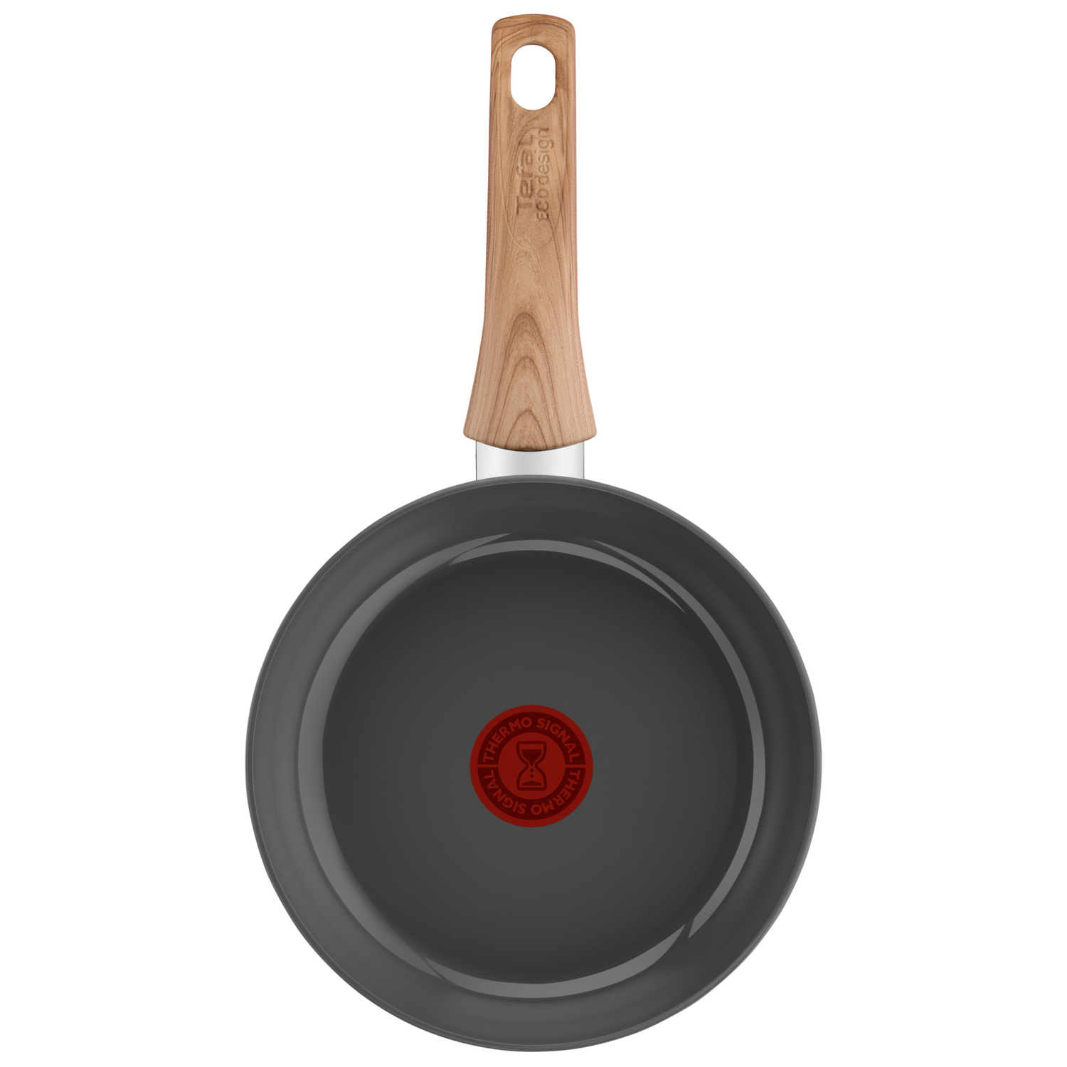 Een grijze koekenpan met een houten handvat, van onderaf gezien.