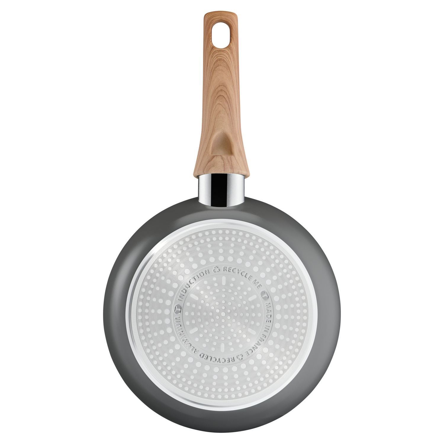 Een grijze koekenpan met een houten handvat. De bodem is grijs met witte stippen en een zilveren rand.
