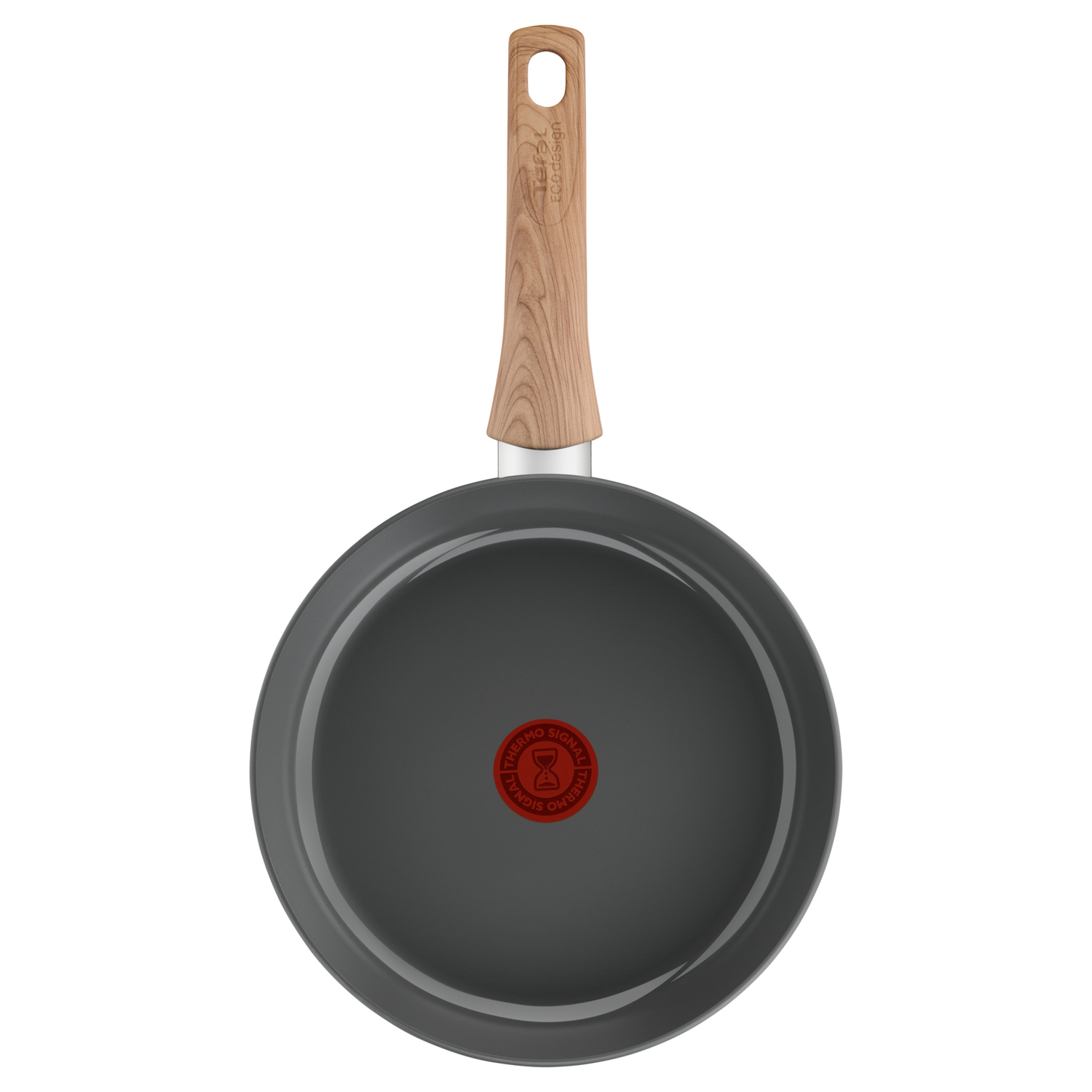 Een grijze koekenpan van bovenaf met een houten handvat en rood logo.