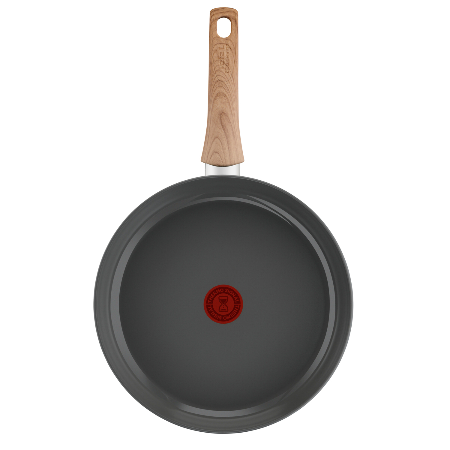 Grijze koekenpan met een houten handvat. De bodem heeft een rood cirkel logo. Witte achtergrond.