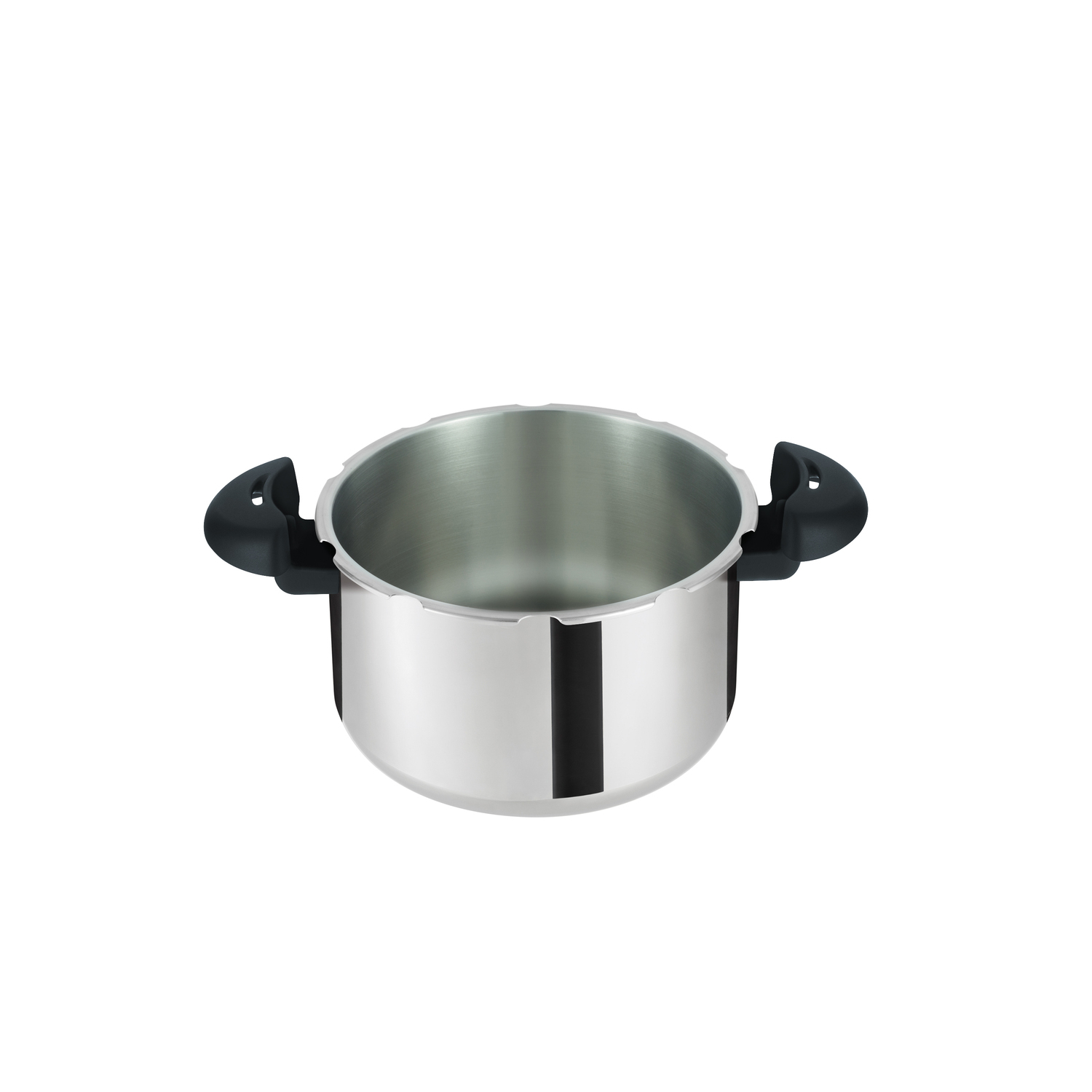 Stainless steel pressure cooker, open, with two black handles on sides.