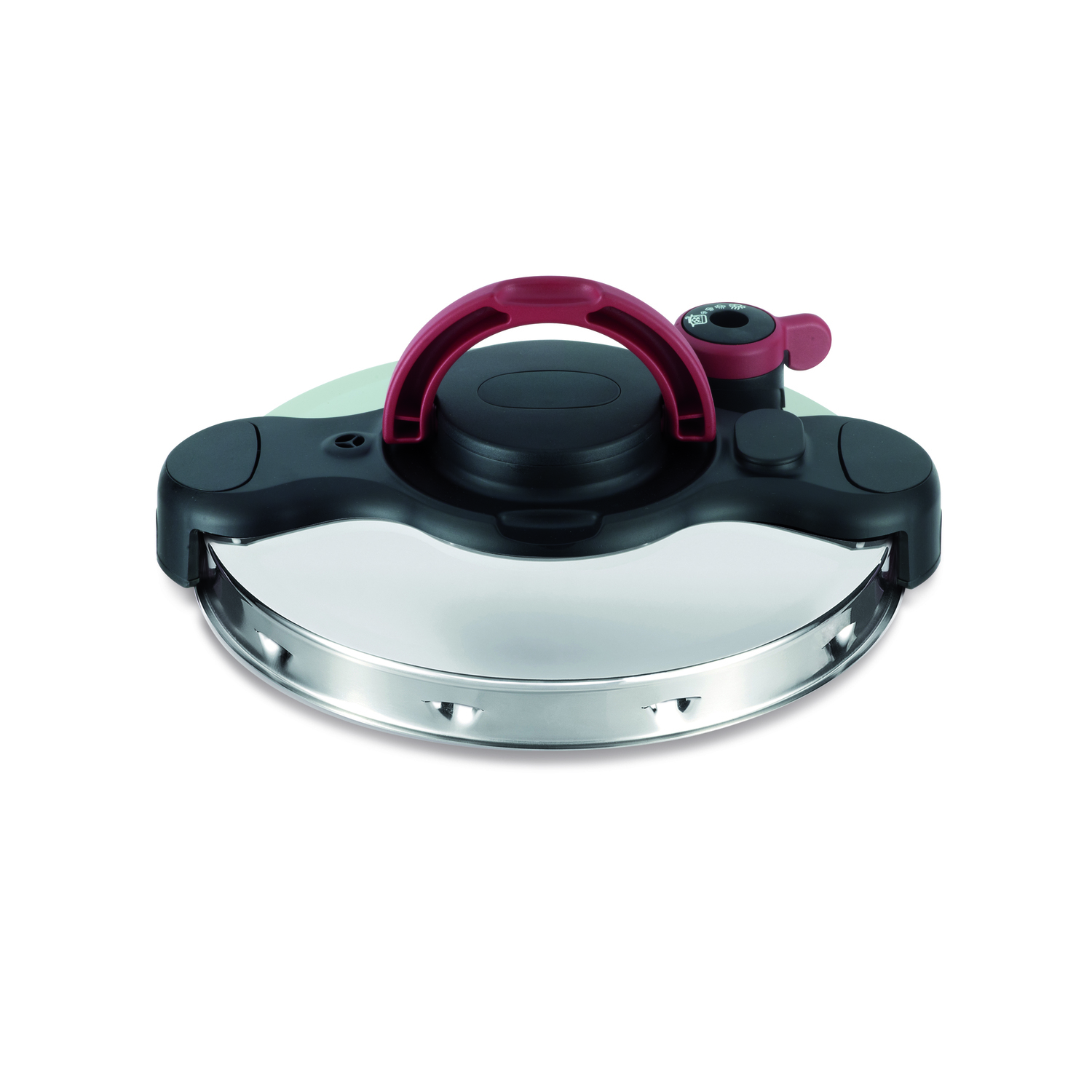 Silver and black pressure cooker lid with red handle.