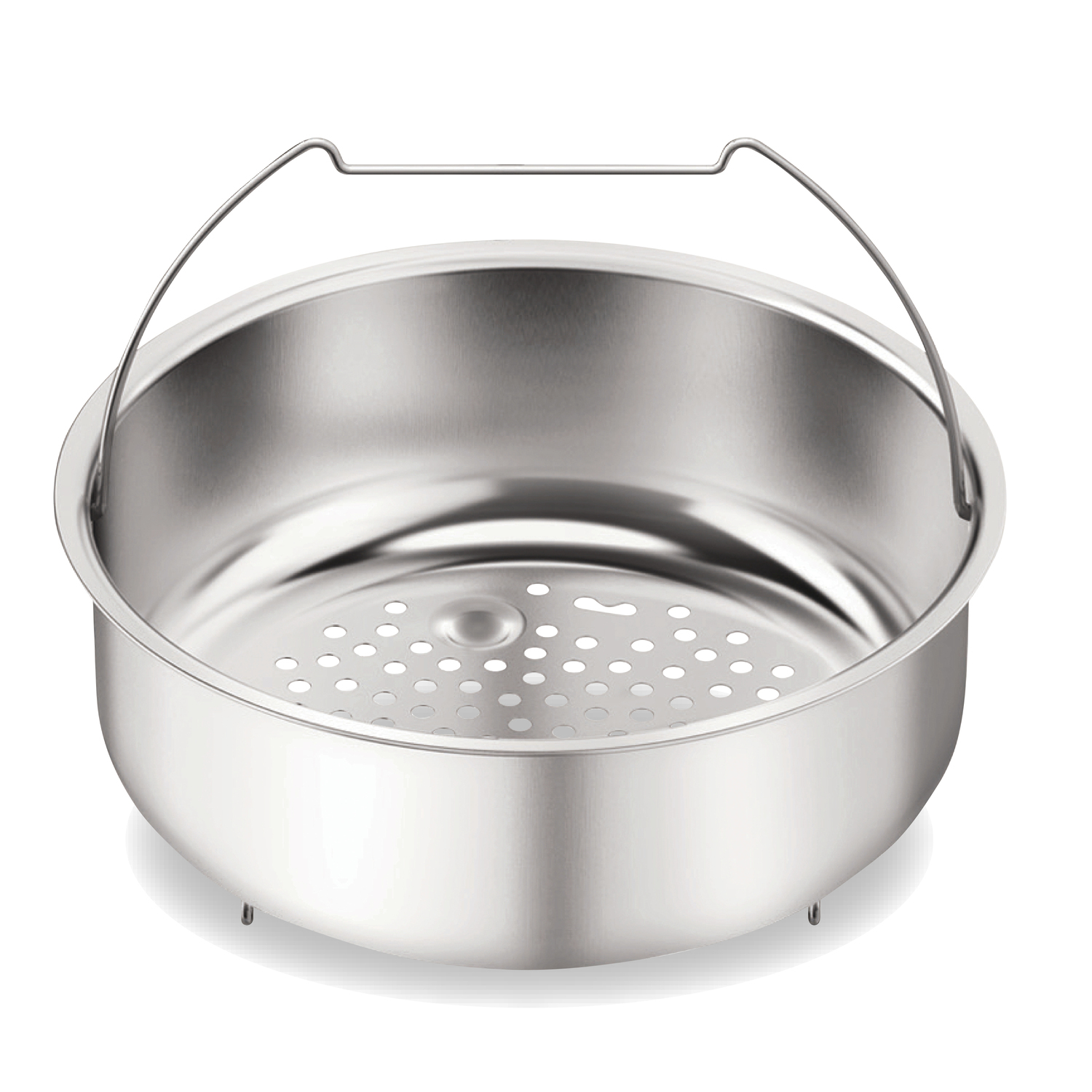 Stainless steel steaming basket with a handle and perforations, isolated on white.