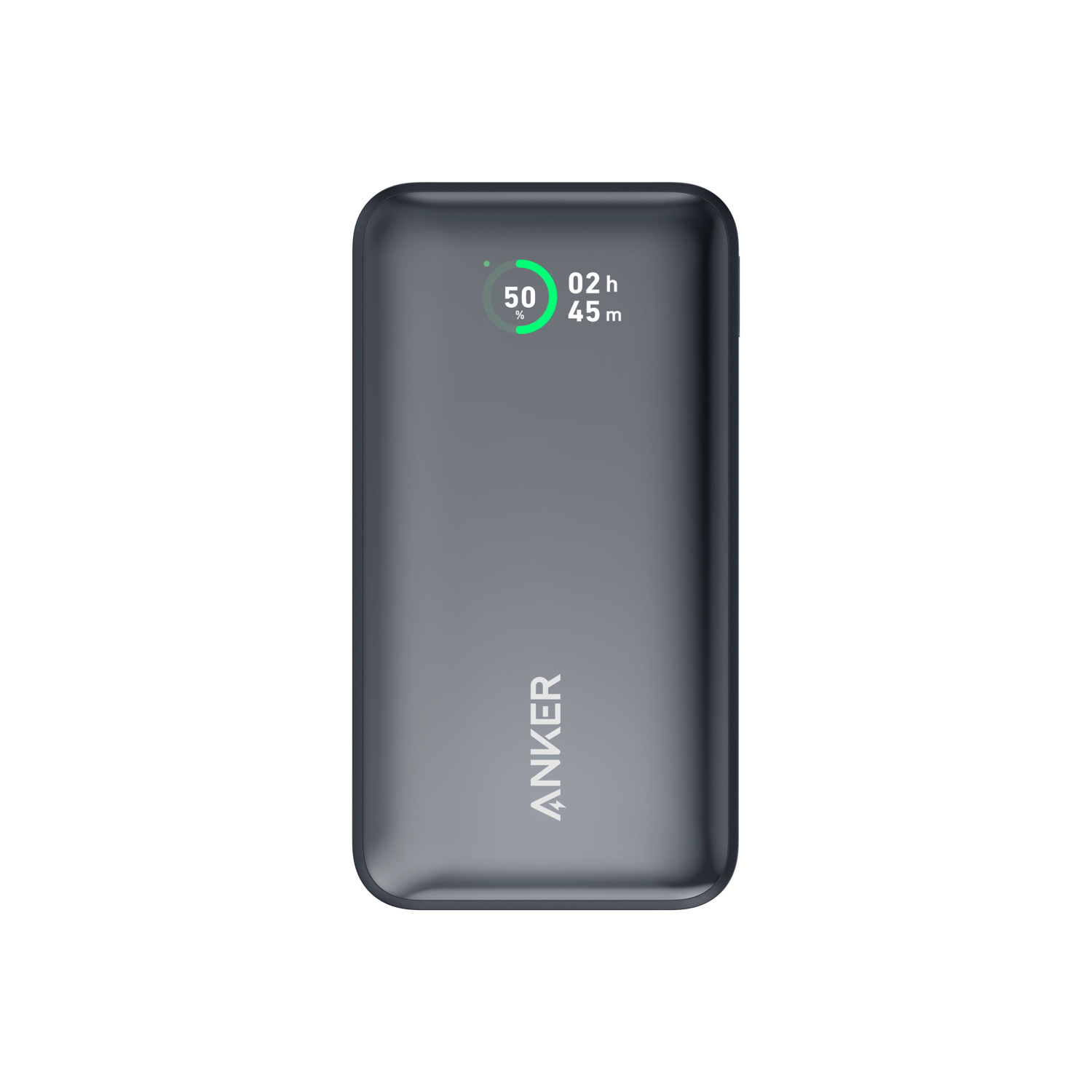 Une batterie externe Anker gris foncé avec un affichage numérique indiquant l'état.