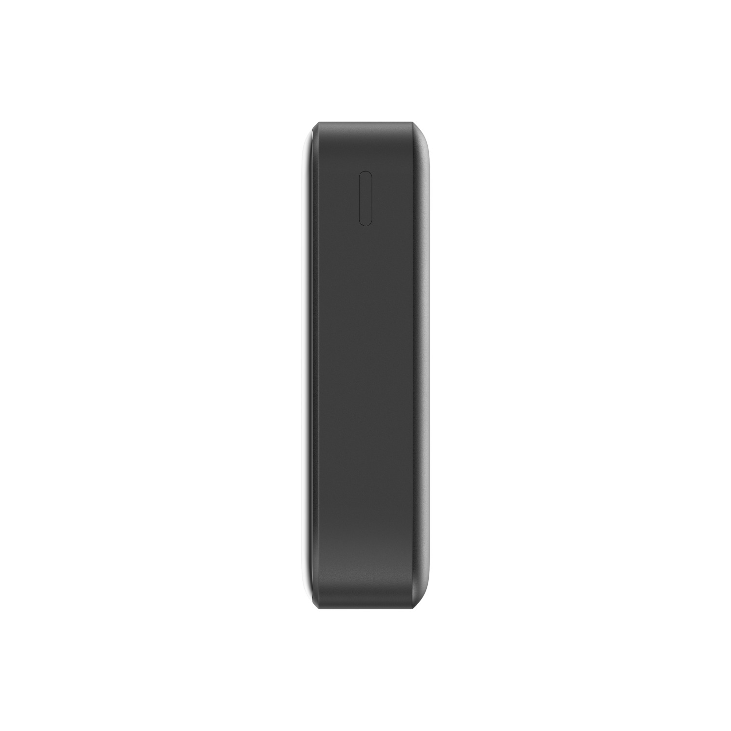 Batterie externe noire et rectangulaire sur fond blanc avec un bouton et un port de charge.
