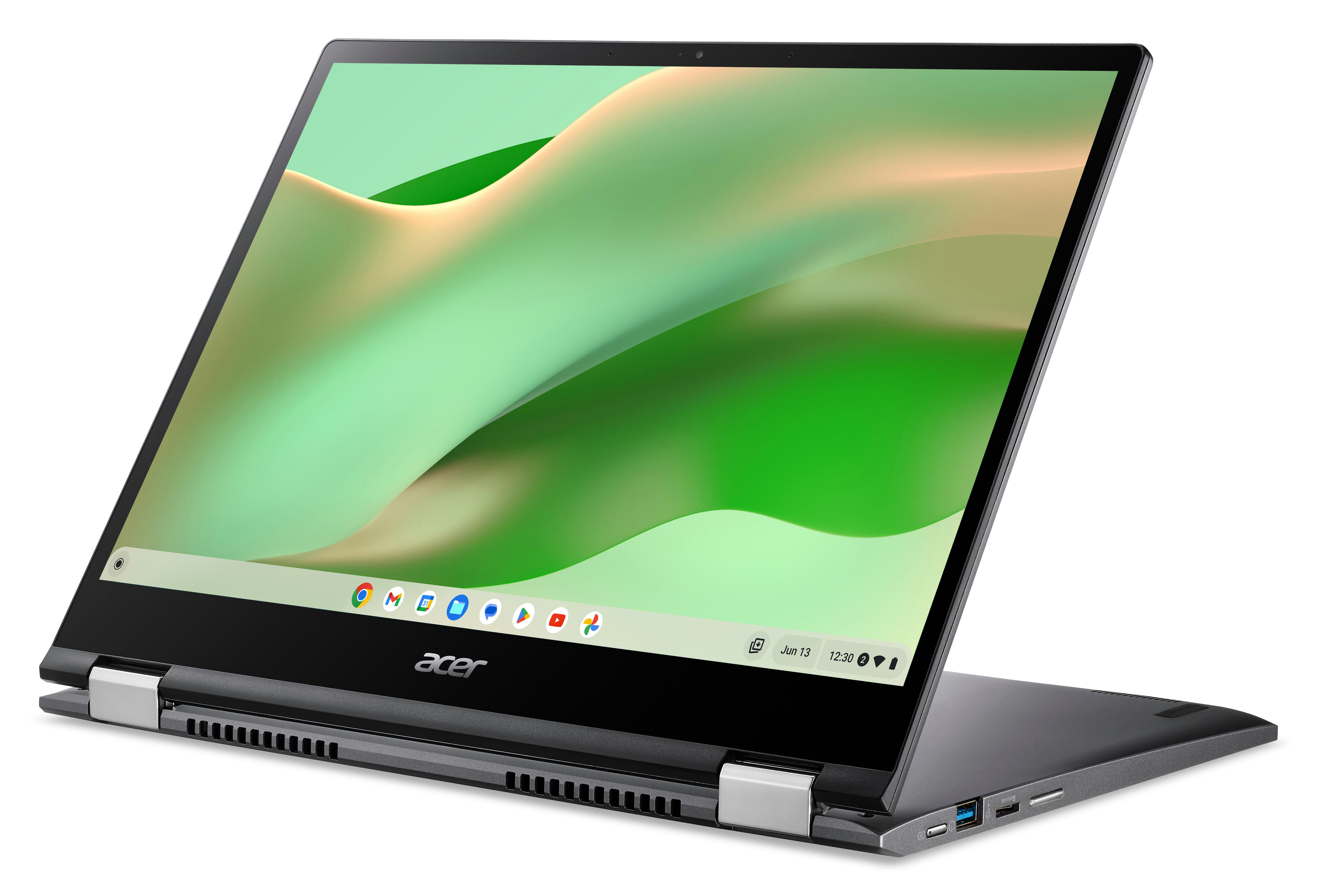 Schwarzer Laptop mit hellgrünem Bildschirm, angewinkelt geöffnet. Weißer Hintergrund.