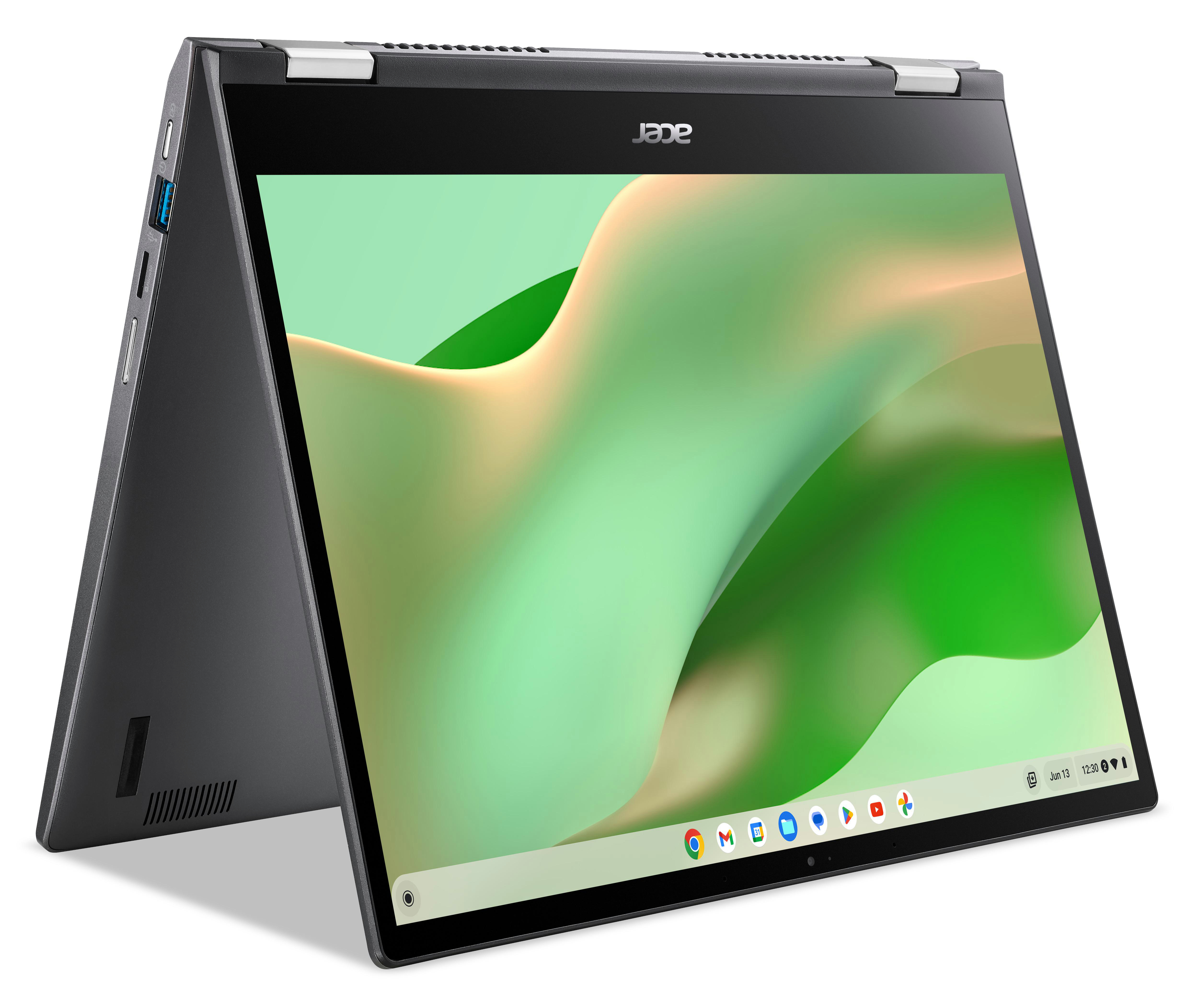 Ein schwarzer und grauer Laptop, teilweise geöffnet, mit Acer-Logo und hellem Bildschirm.
