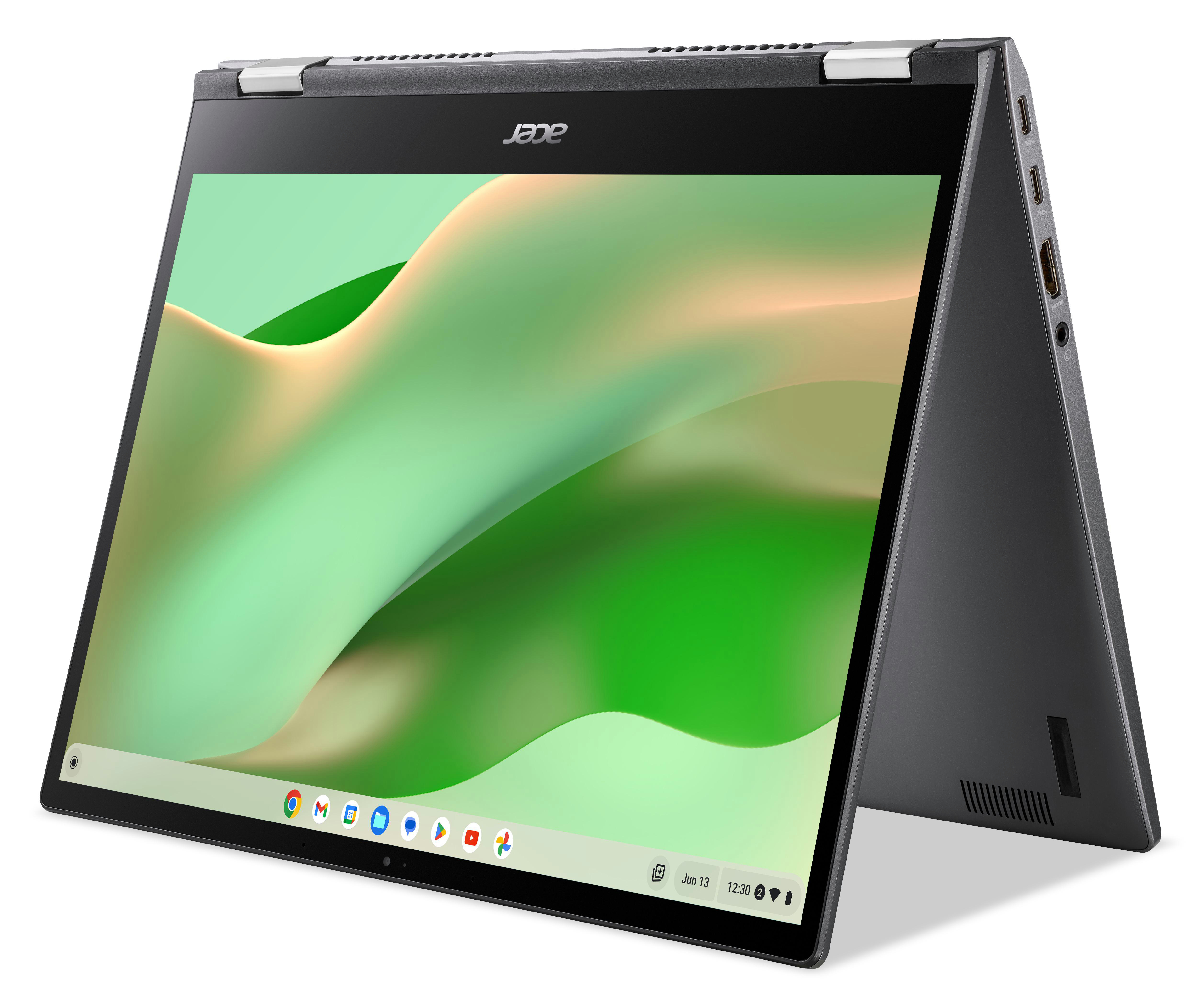 Ein schwarzes Acer Chromebook-Laptop in einer halb geöffneten Position.
