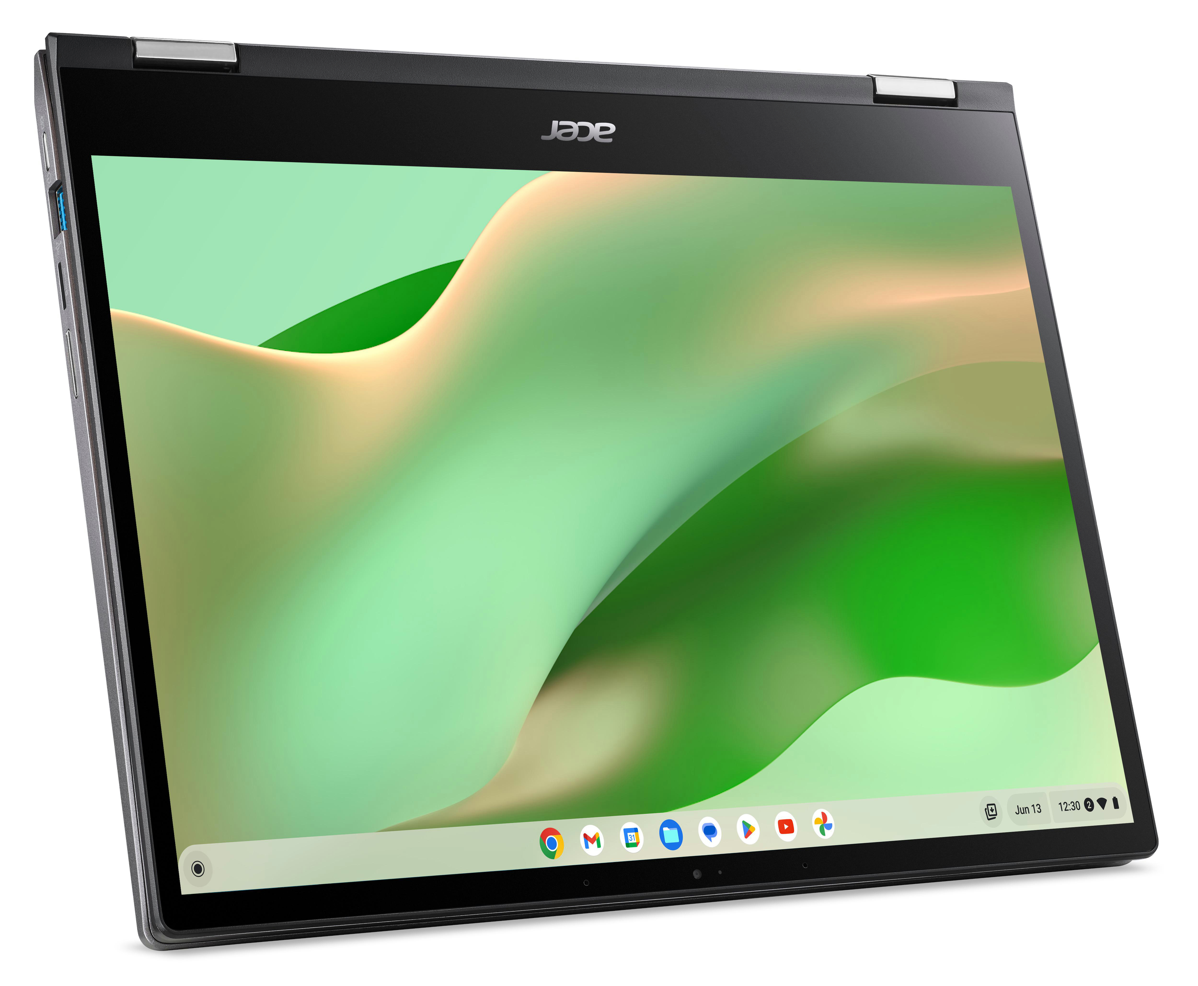 Geöffneter Acer-Laptop, Bildschirm mit grünem und gelbem Abstraktem Design.