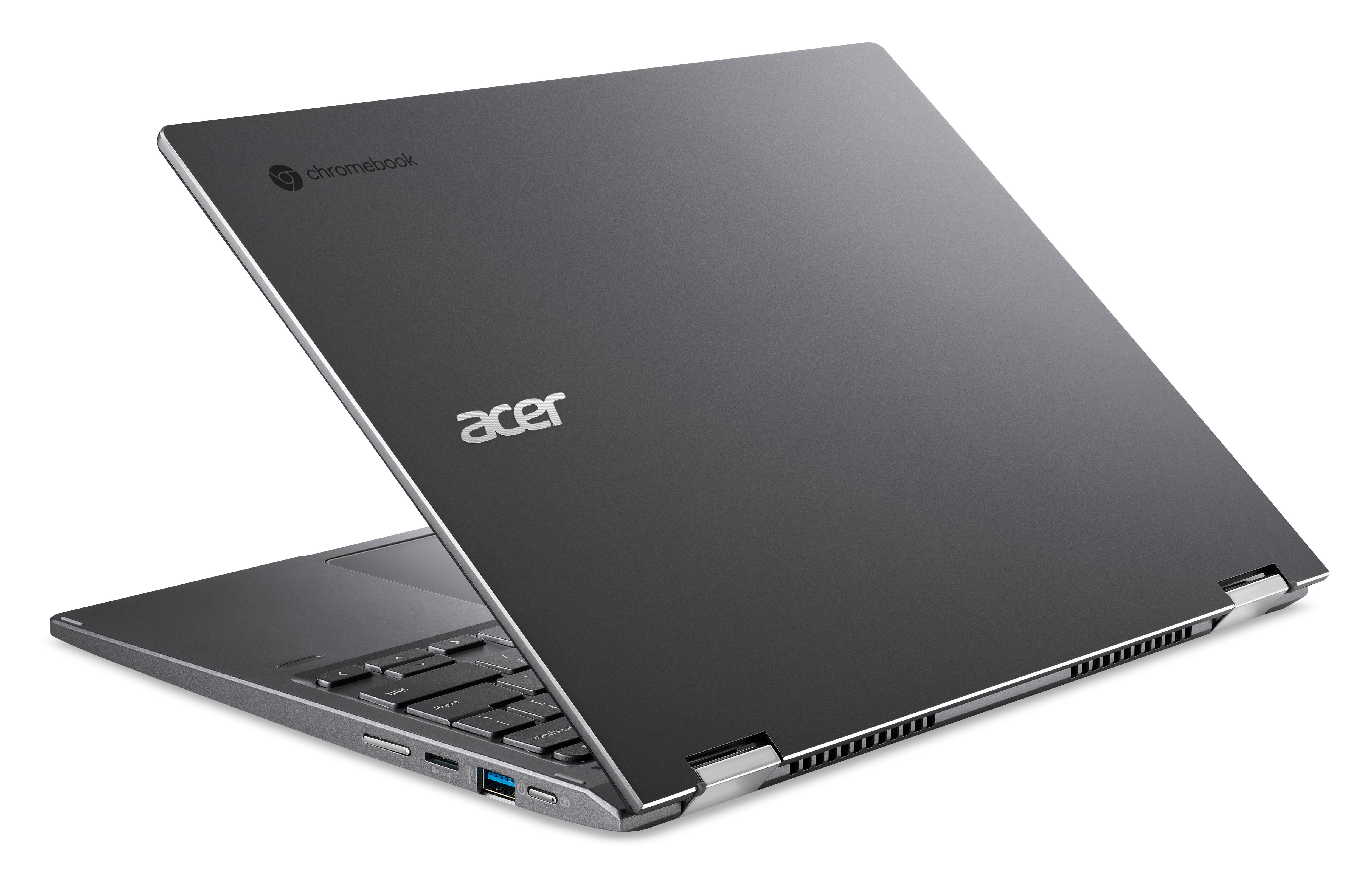 Ein grauer Chromebook-Laptop. Der Bildschirm ist geöffnet und zeigt Tastatur und Touchpad.