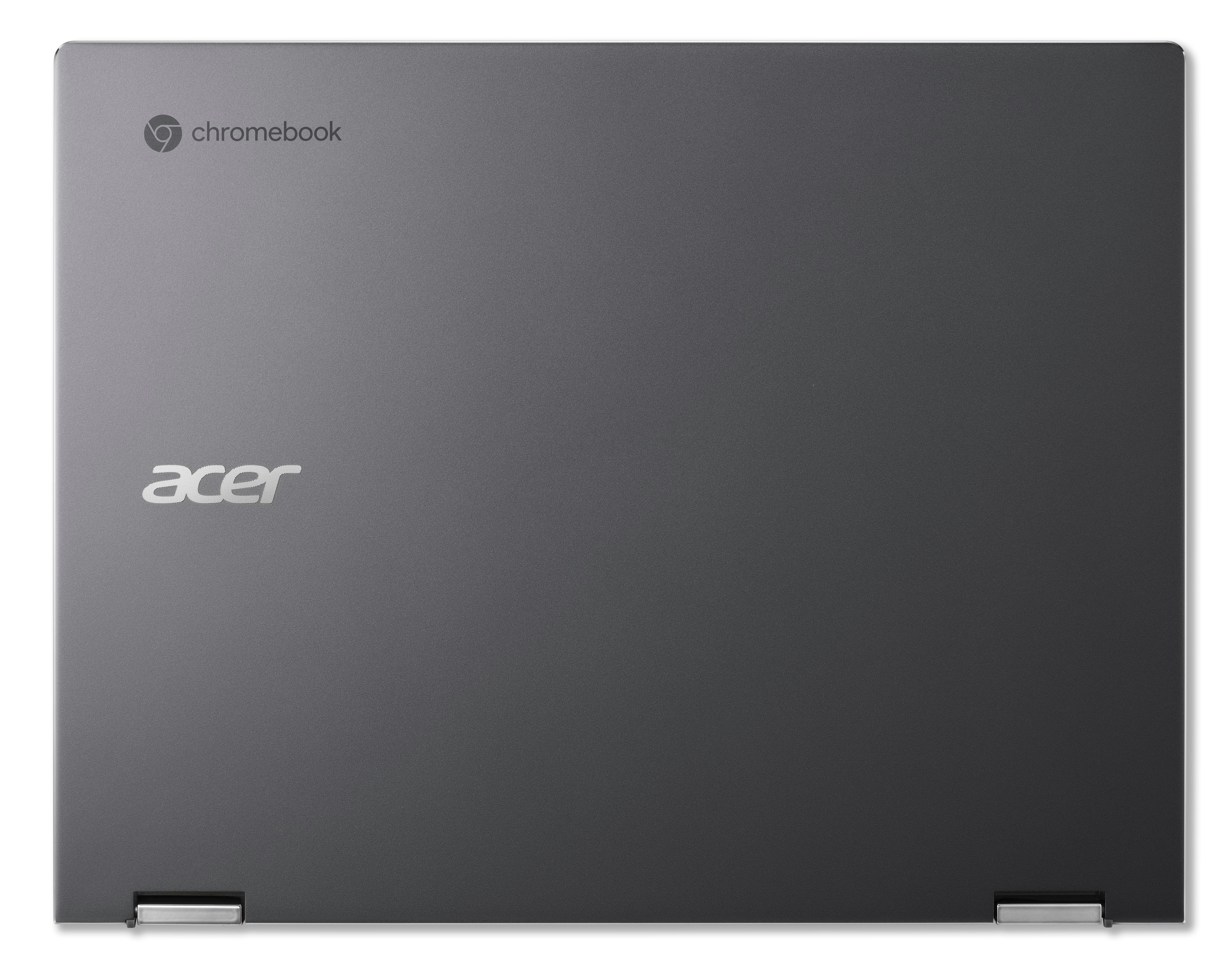 Geschlossener dunkelgrauer Laptop mit 'chromebook' und 'acer' Logos.