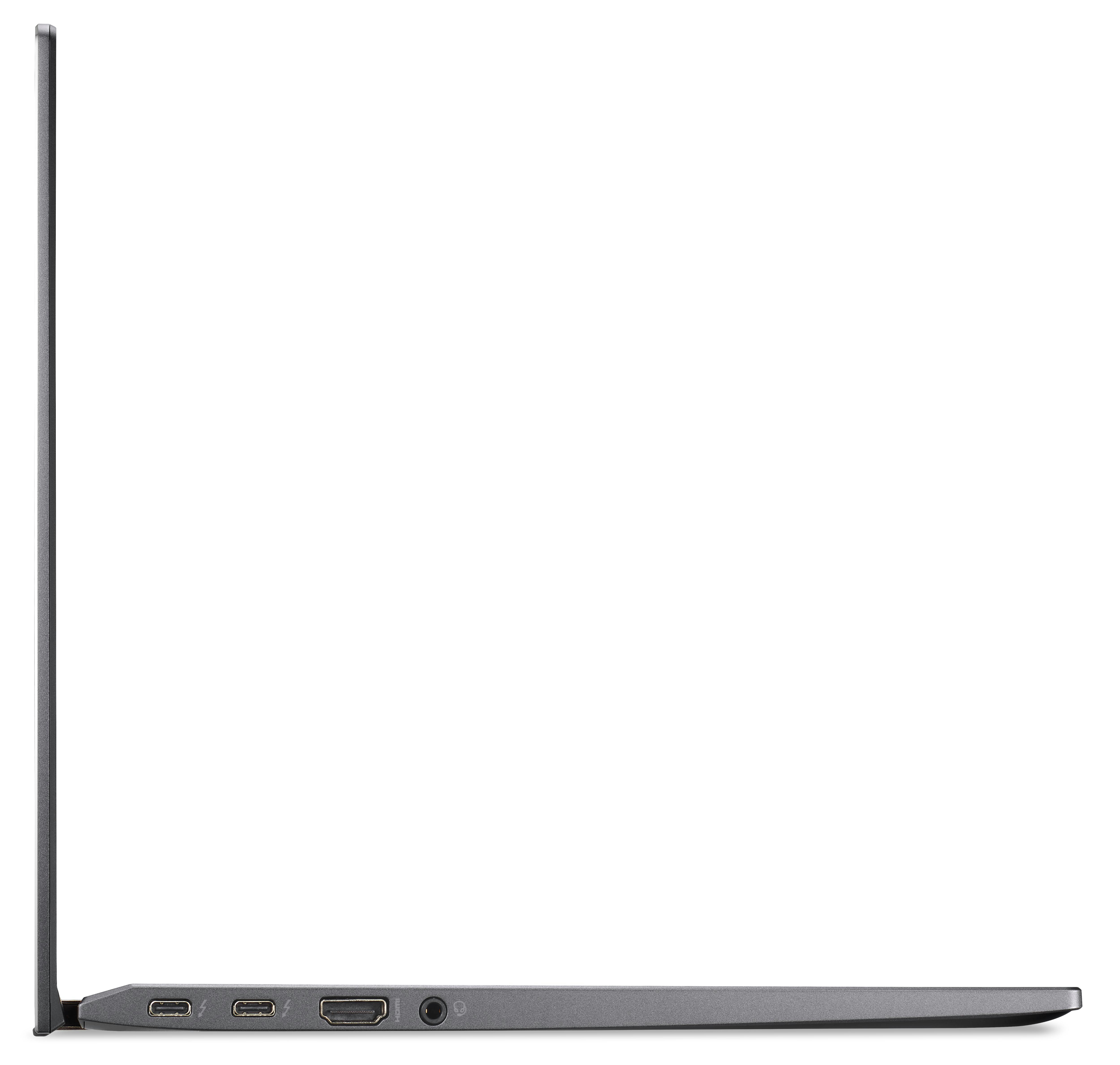 Seitenansicht eines grauen Laptops. Anschlüsse an der Seite sichtbar. Weißer Hintergrund.