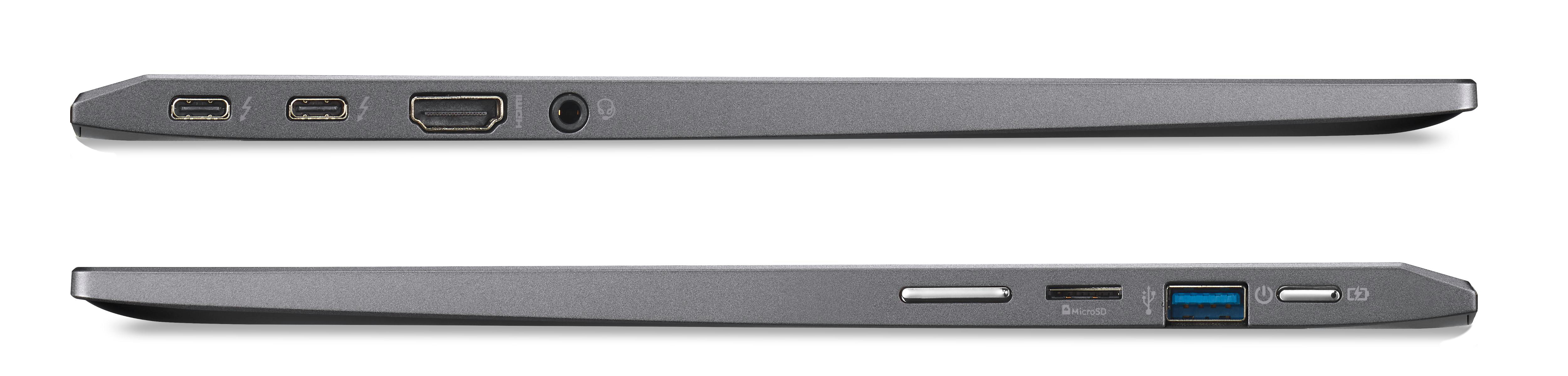 Seitenansicht eines grauen Laptops mit Anschlüssen. Oben: USB-C, USB-C, HDMI, Audio. Unten: SD, USB-A, USB-A.