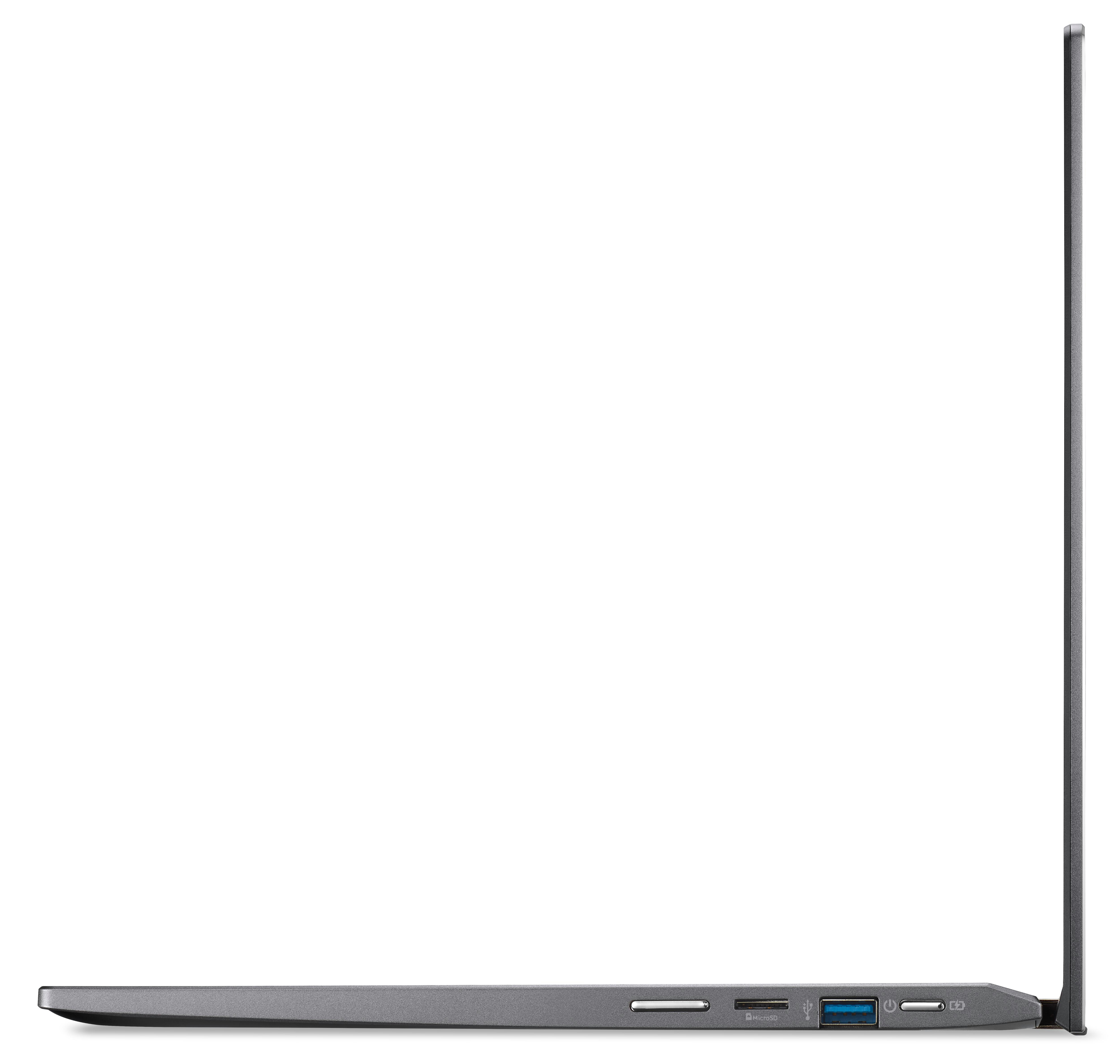 Seitenansicht eines grauen Laptops. Zeigt Anschlüsse. Der Bildschirm ist weiß.