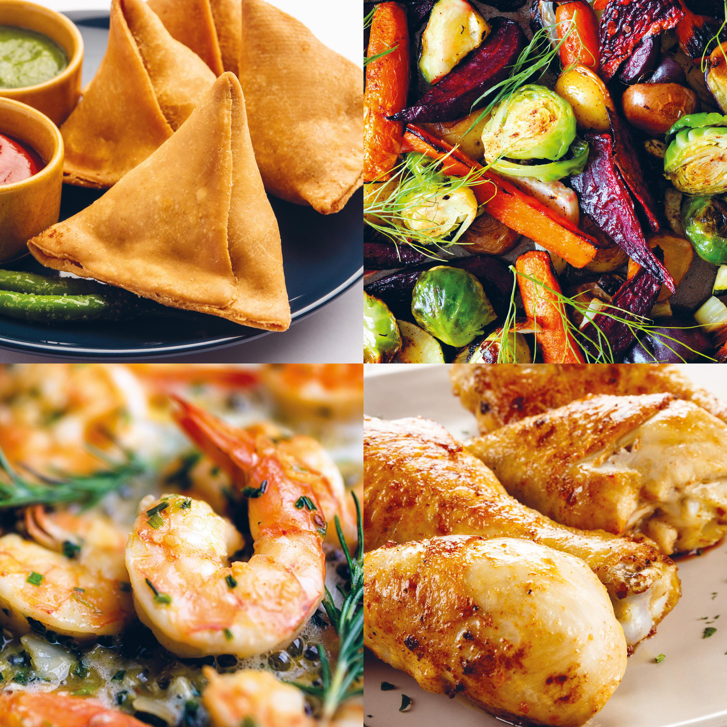 Vier Gerichte: Samosas, Braten, gebratenes Gemüse und Garnelen.