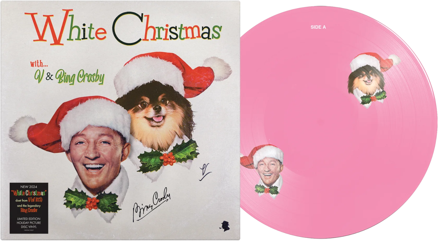 Album borító: White Christmas V-vel és Bing Crosbyval. Egy kutya és egy férfi Mikulás sapkát visel. Rózsaszín bakelit lemez a kettőjük képével.