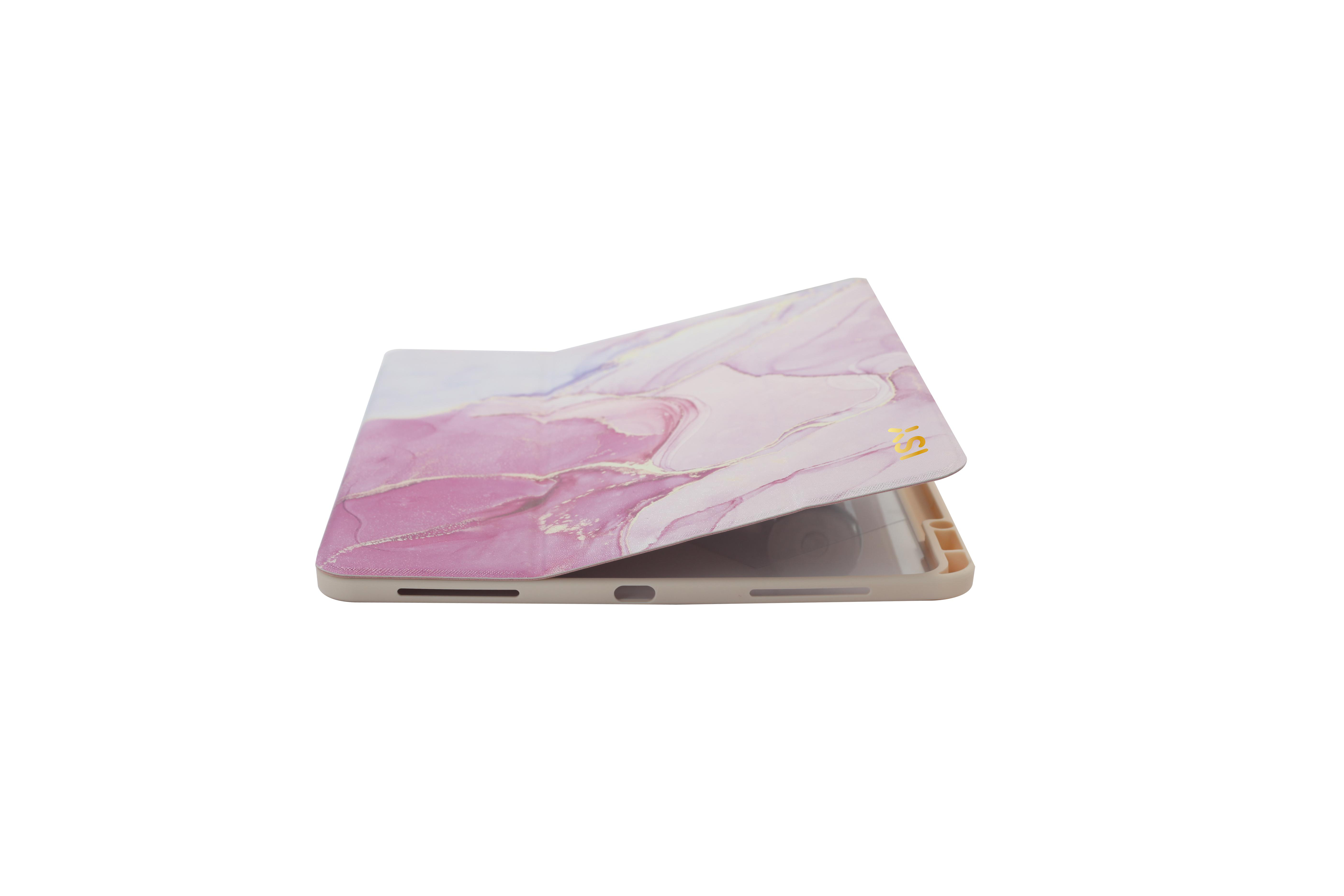 Eine rosa und weiße Laptop-Hülle mit Marmormuster ist geöffnet.