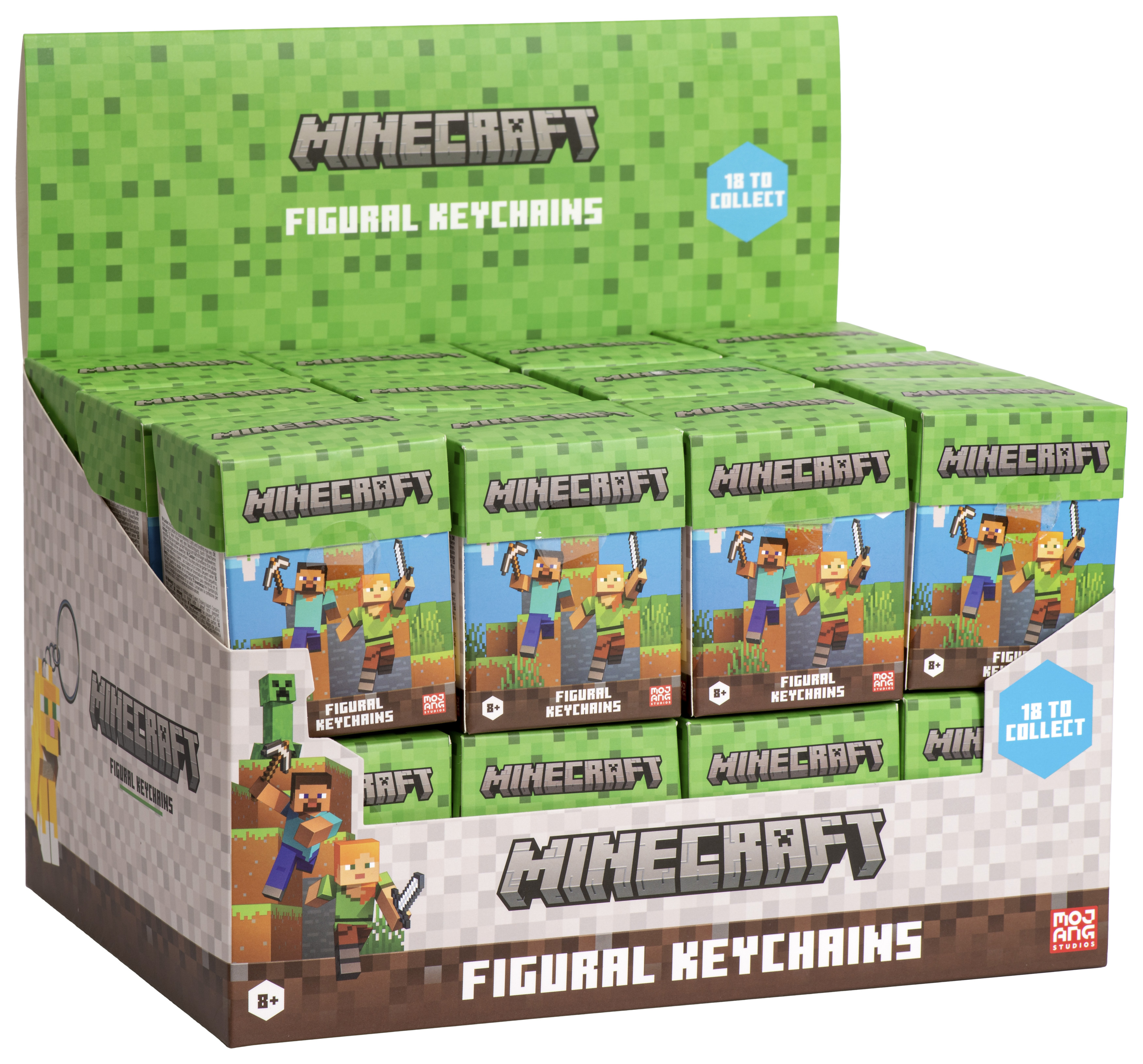 Minecraft figürliche Schlüsselanhänger Displaybox. Grüne Box mit vielen Minecraft-Boxen.