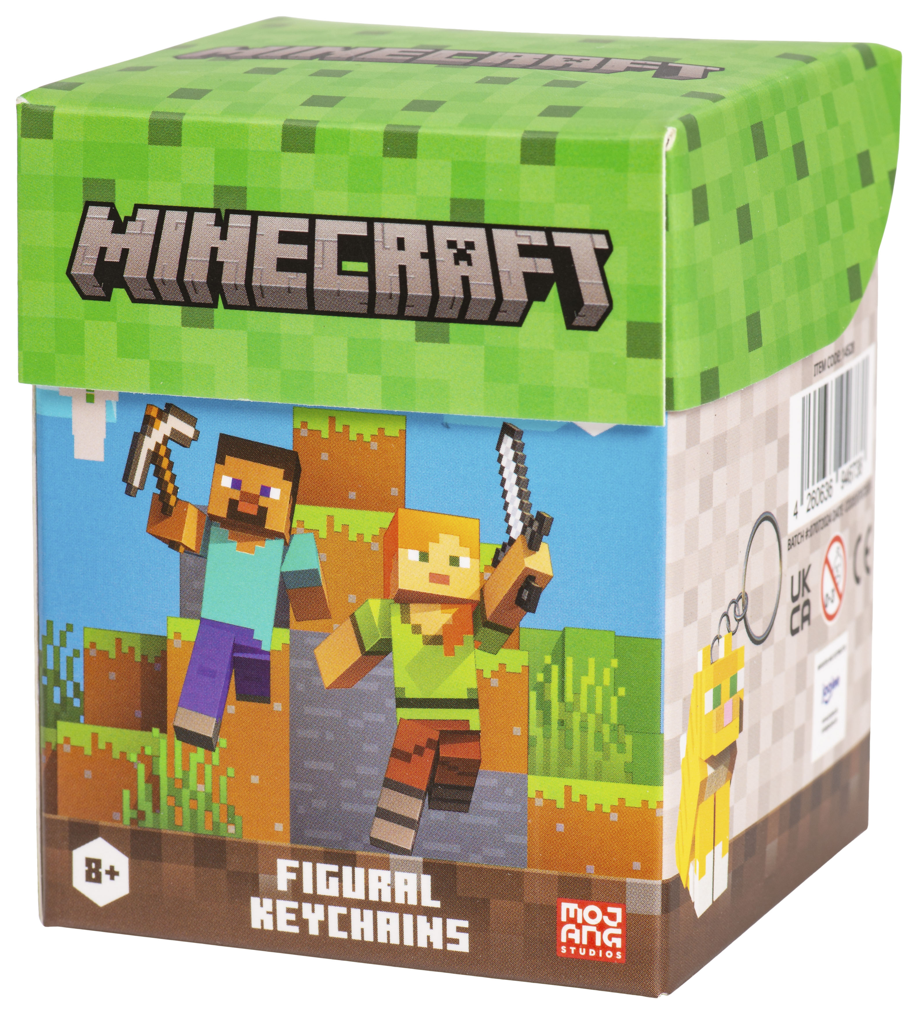 Eine Minecraft-Box mit Minecraft-Charakteren und den Worten 'Figural Keychains'.