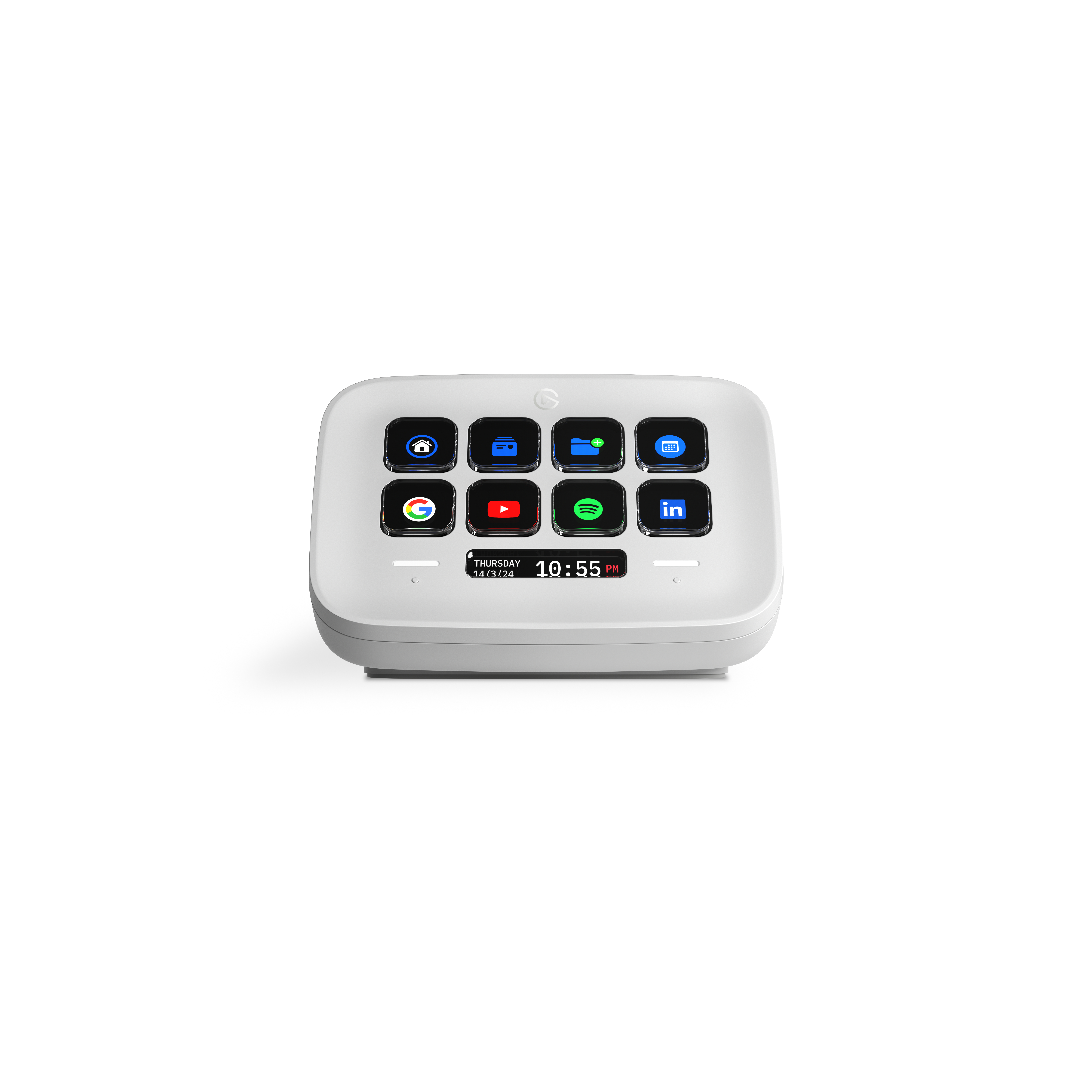 Weißes Stream Deck mit mehreren Symbolen. Es zeigt Zeit und Datum unten an.