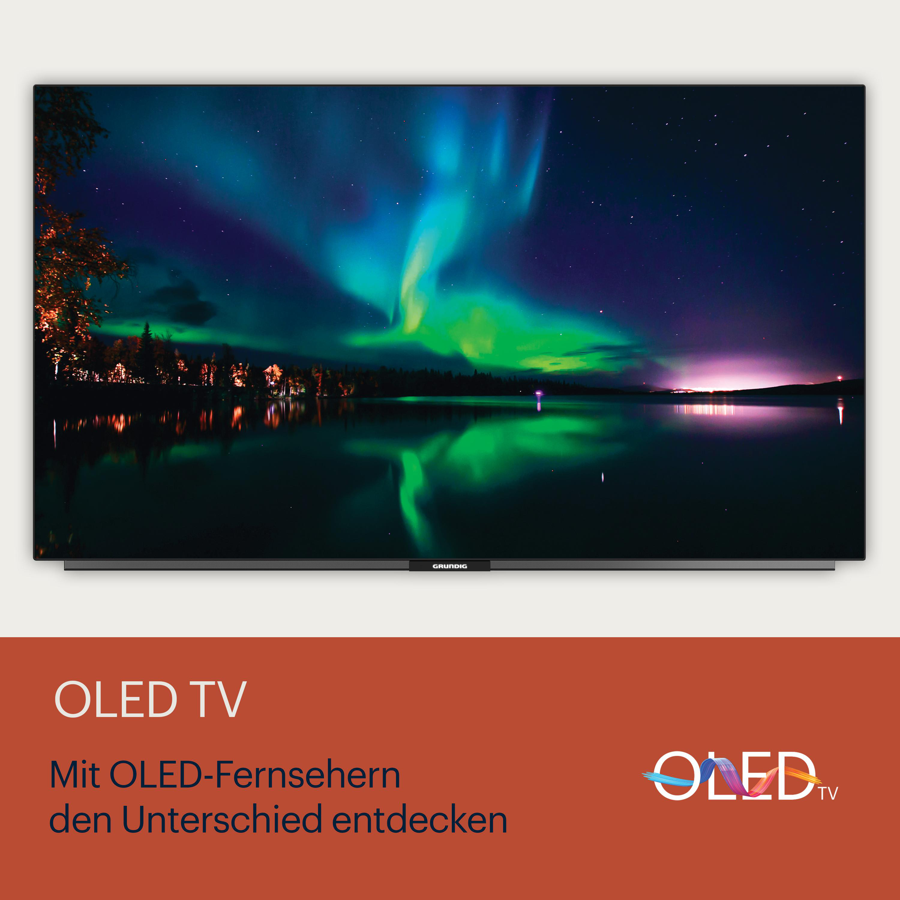 Ein Grundig OLED-Fernseher, der ein szenisches Bild der Nordlichter über einem See zeigt.