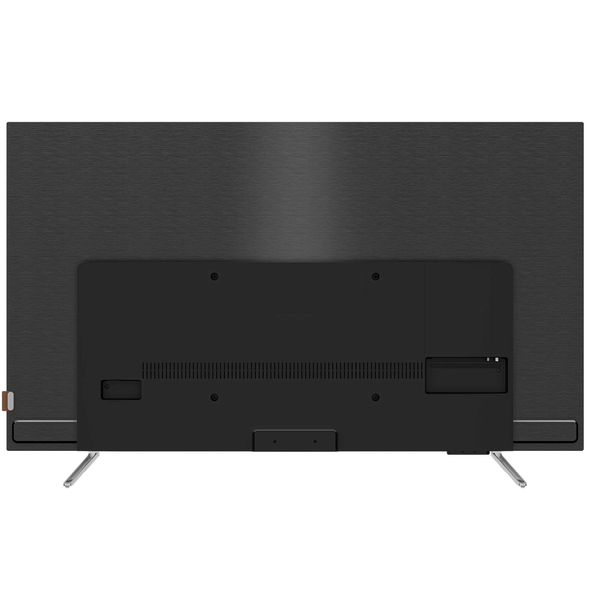 Rückseite eines schwarzen Fernsehers auf weißem Hintergrund. Er hat zwei Beine und eine schwarze Basis.