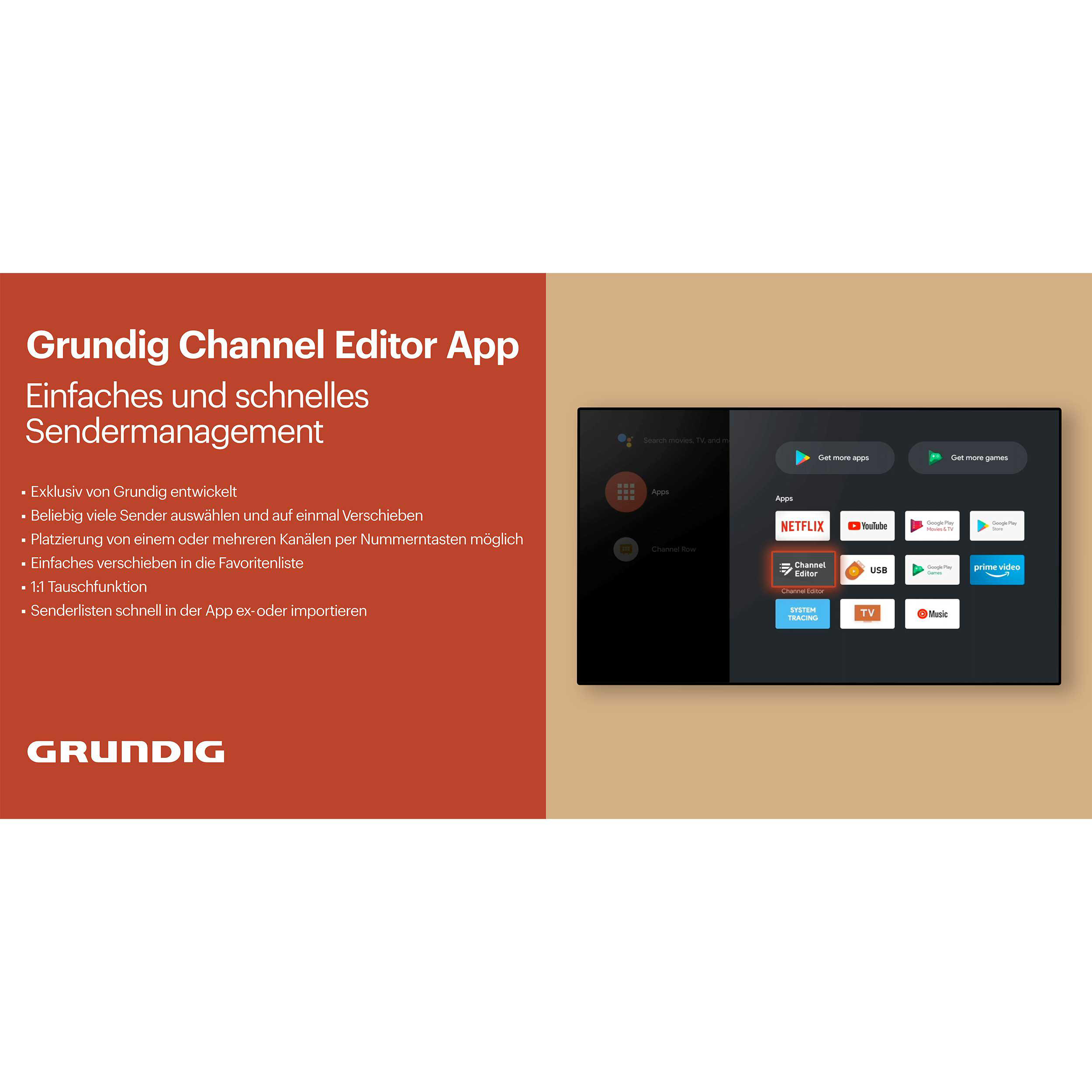 Grundig Channel Editor App Anzeige mit Text und Screenshot der TV-Oberfläche mit Apps und Einstellungen.