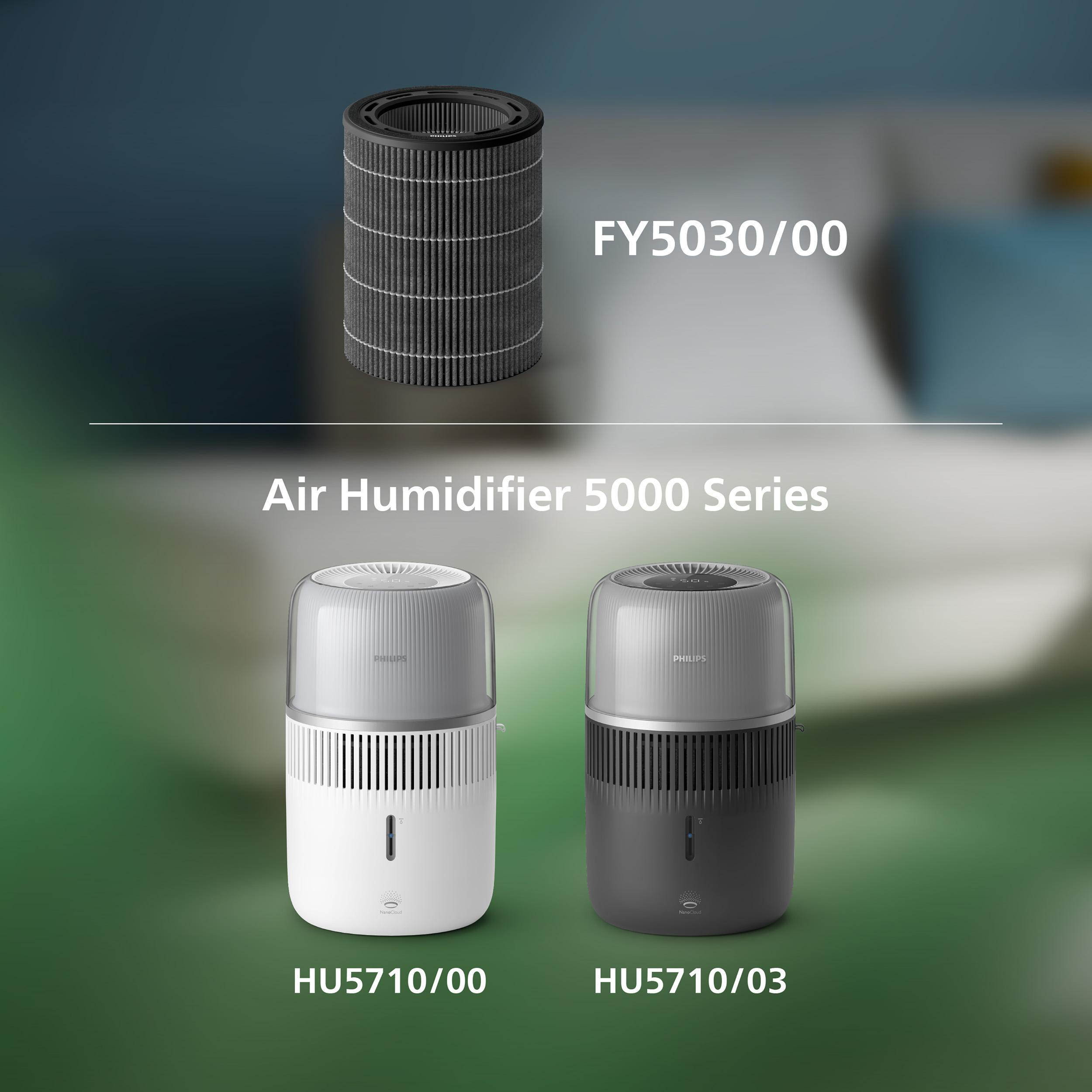 Luftfilter über zwei weißen und dunkelgrauen Luftbefeuchtern. Produktnamen sind sichtbar.